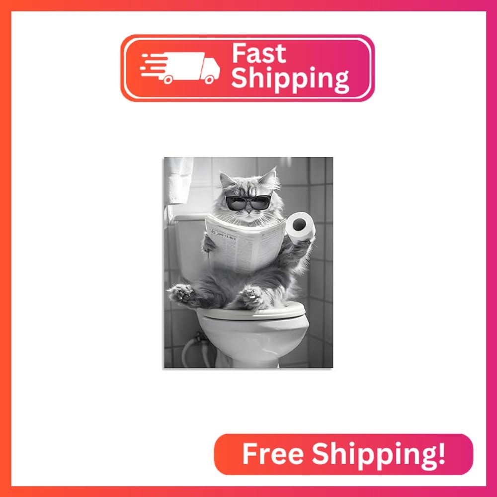 OWNANRTHM Cat Bathroom Canvas Wall Art Funny Animal Bathroom Wall Art Cat on the