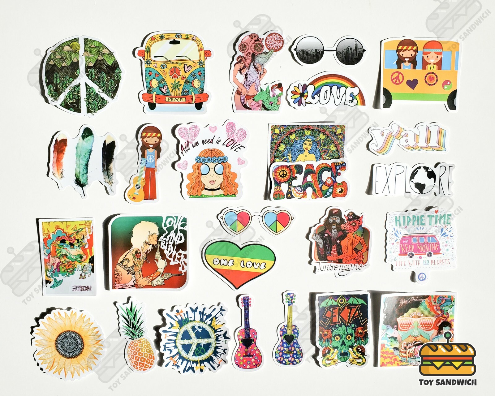 100 pcs "Hippie" Sticker Pack Peace Boho Decor Guitar Bohemian Hobonichi Decals