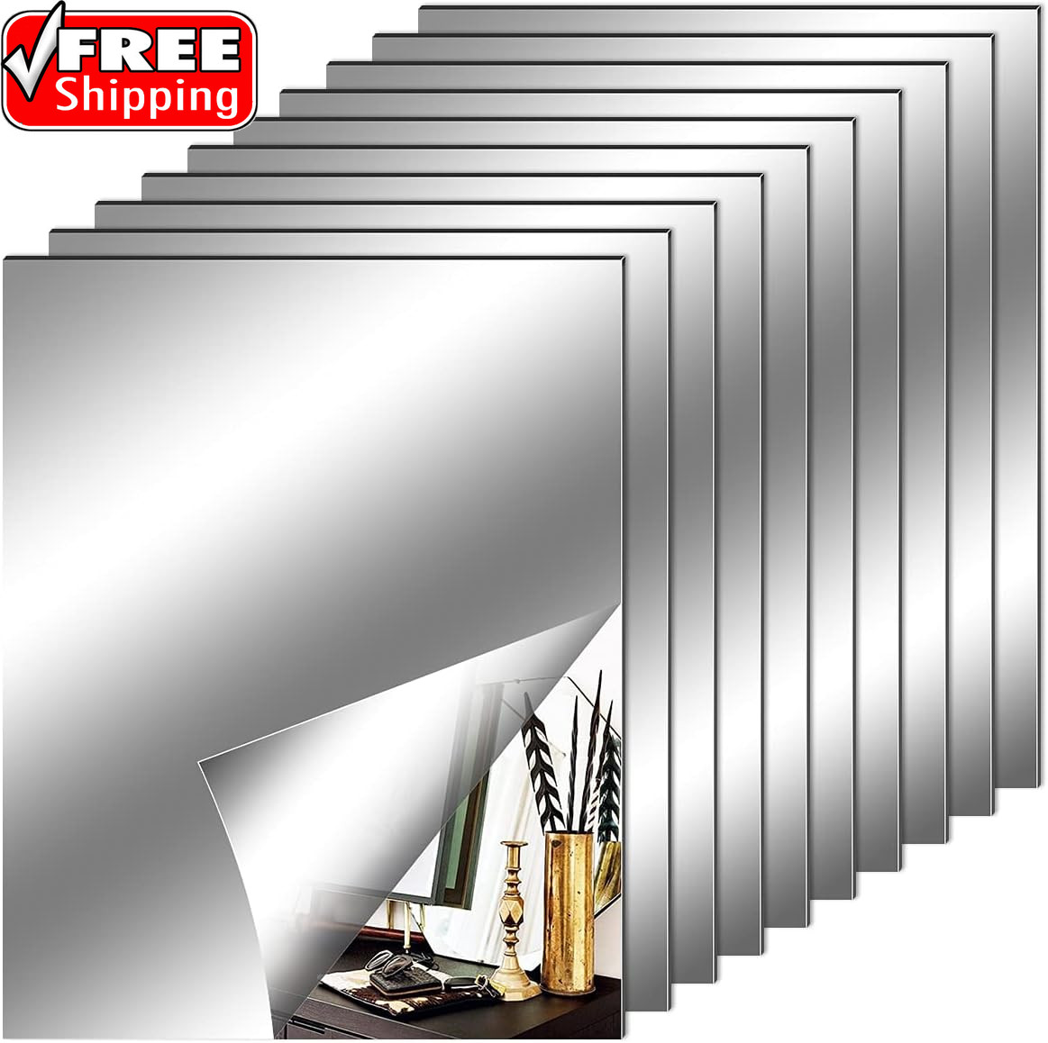 10 Pieces Flexible Mirror Sheets, Self Adhesive Decorative Plastic Mirror Tiles