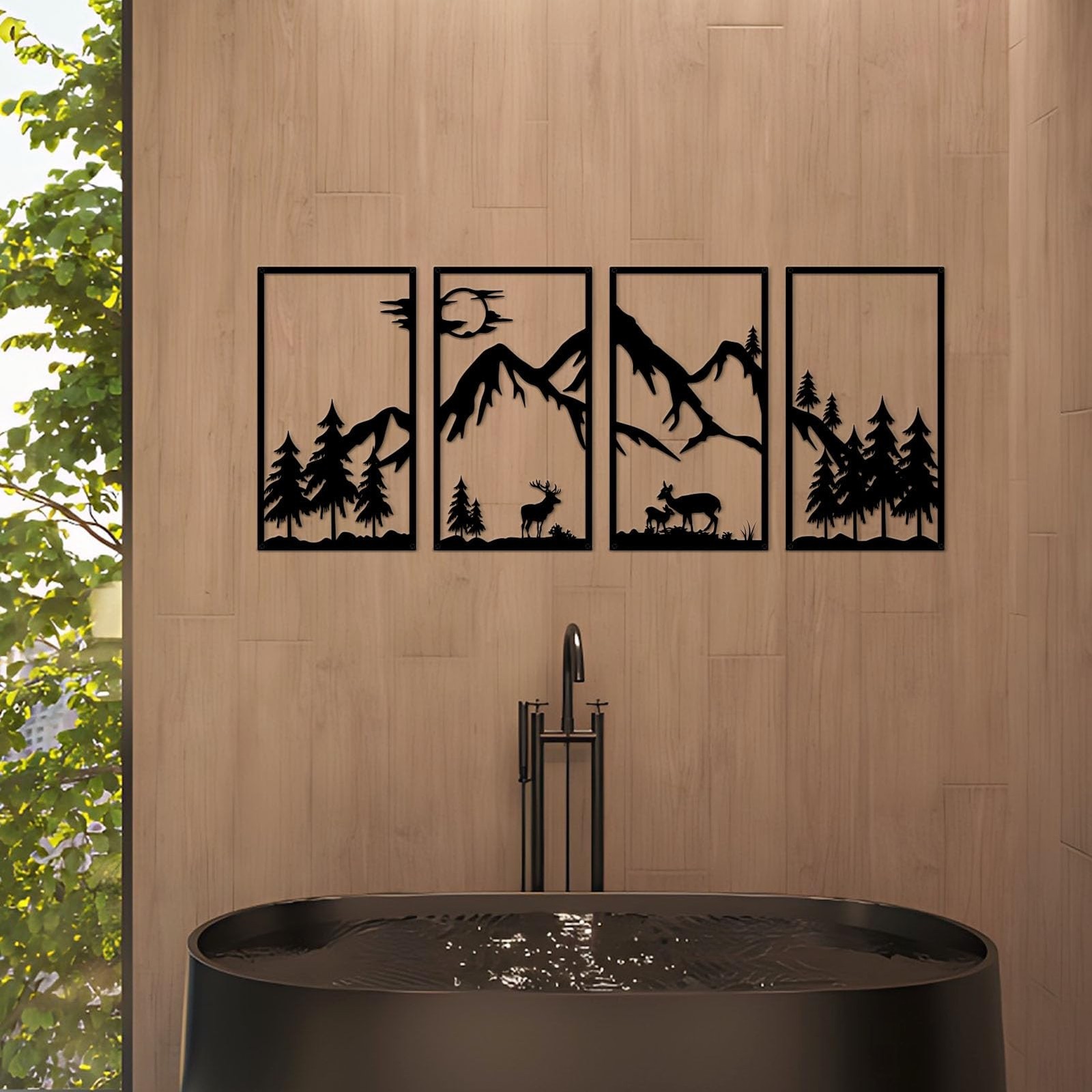 DUOOLN 4 Pcs Mountain Scene Metal Wall Decor, Black Line Drawing Wall Art, Ab…