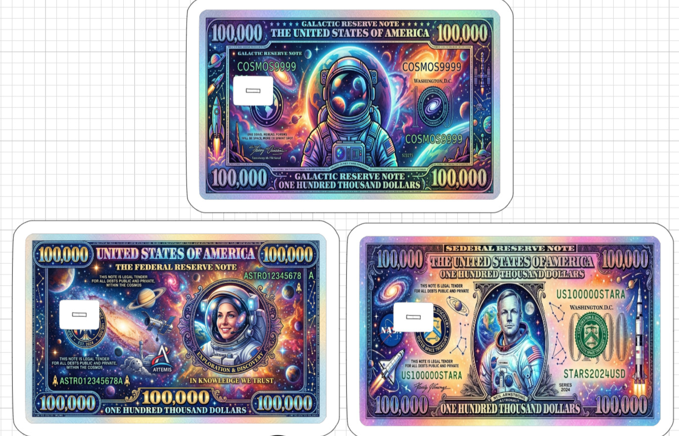 100k Space Dollar Bill Credit ATM Debit Gift Card Skin Sticker Nasa Shuttle USA