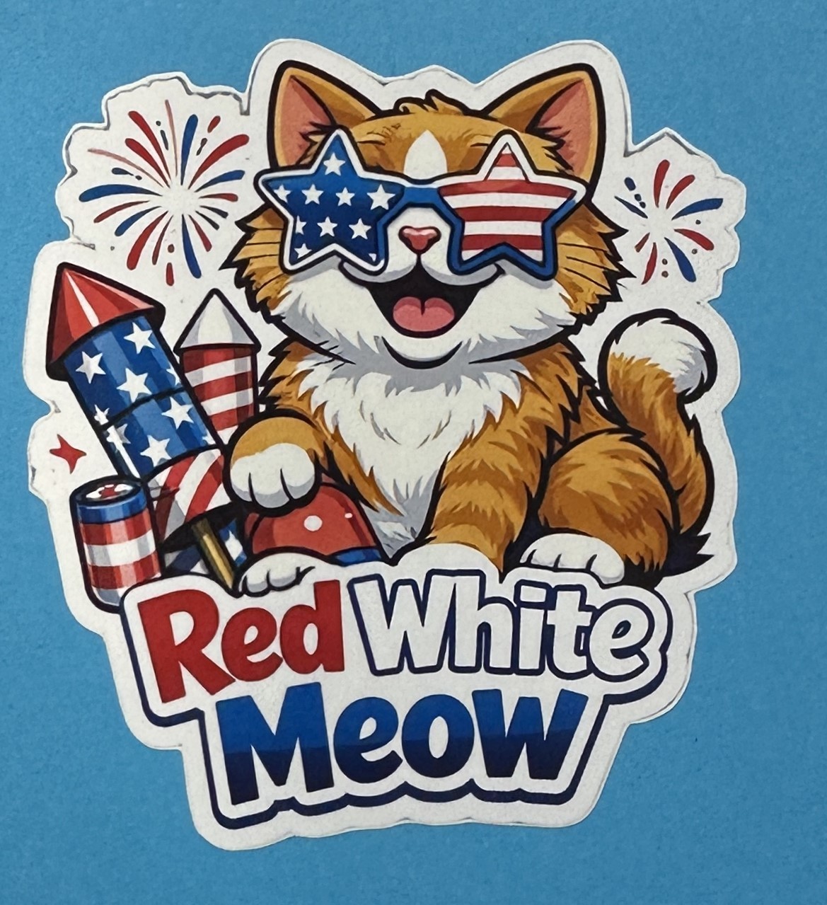 3 inch Red White Meow Patriotic Cat Vinyl Sticker 4th of July Funny Cat