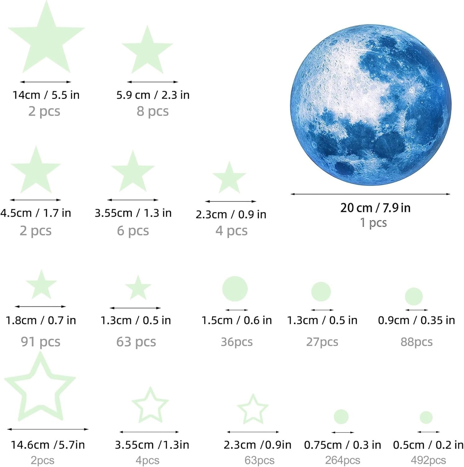 Sky Blue 1008Pcs Glow-in-the-Dark Stars & Moon Wall Stickers – Safe for Kids