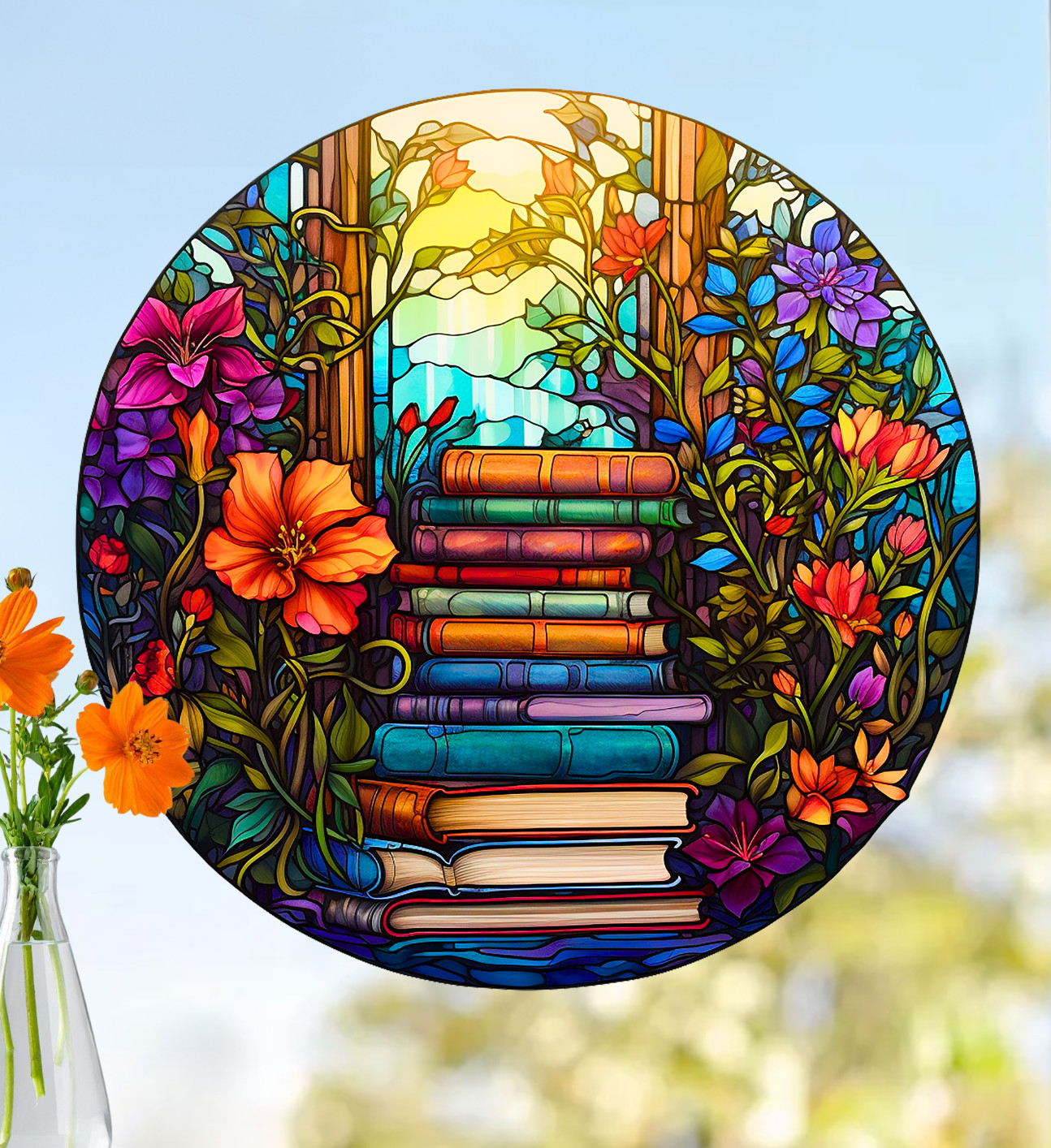 Books & Flowers Faux Stained-Glass WINDOW CLING Size 8" Round Vinyl