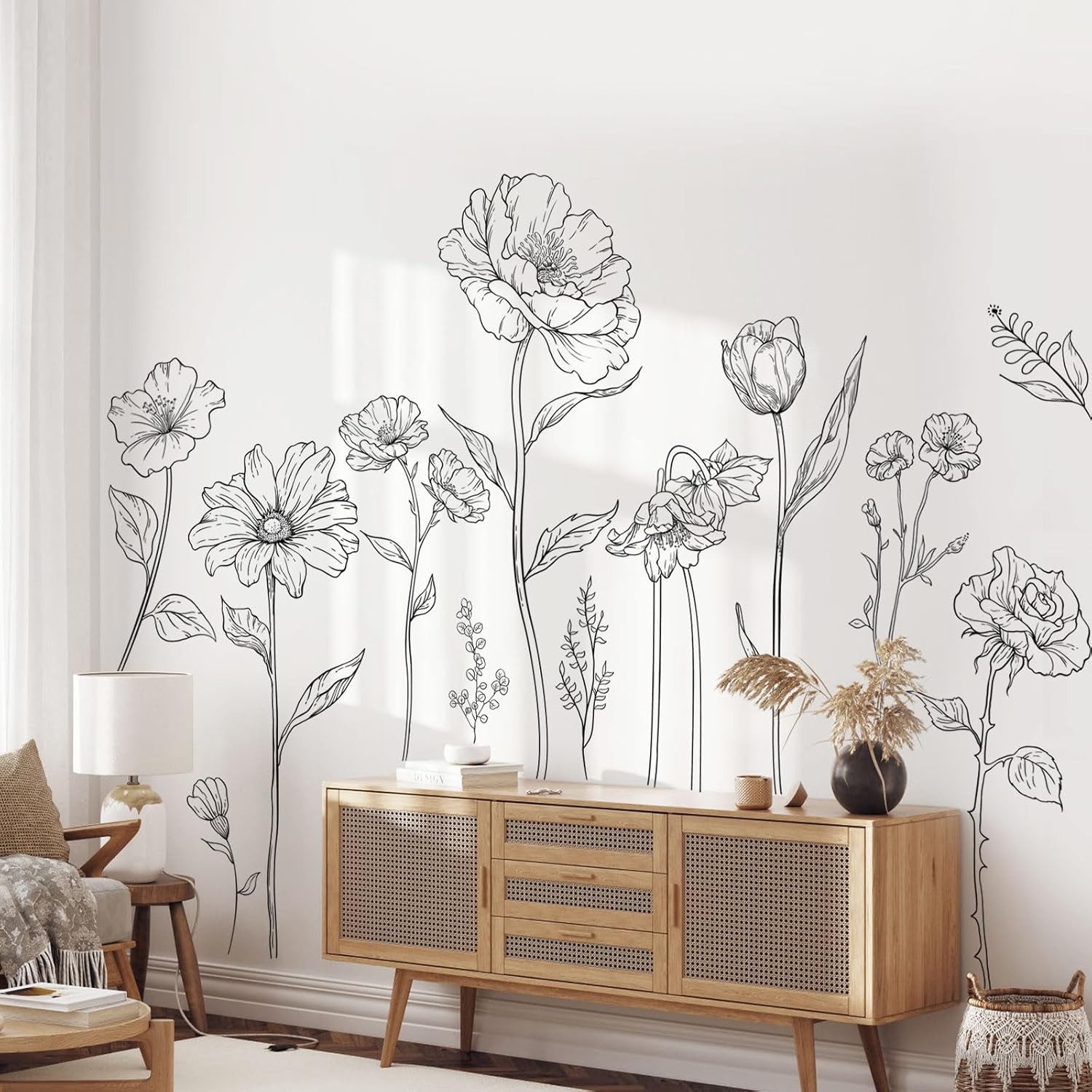 Large Black Boho Flower Wall Decals, 3 Sheets Simple Sketch Multi-colored
