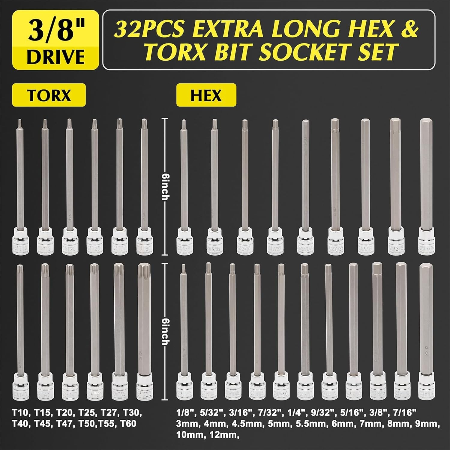 32PCS 3/8"Dr. Extra Long Hex and Torx Bit Socket Set, CR-V, S2…