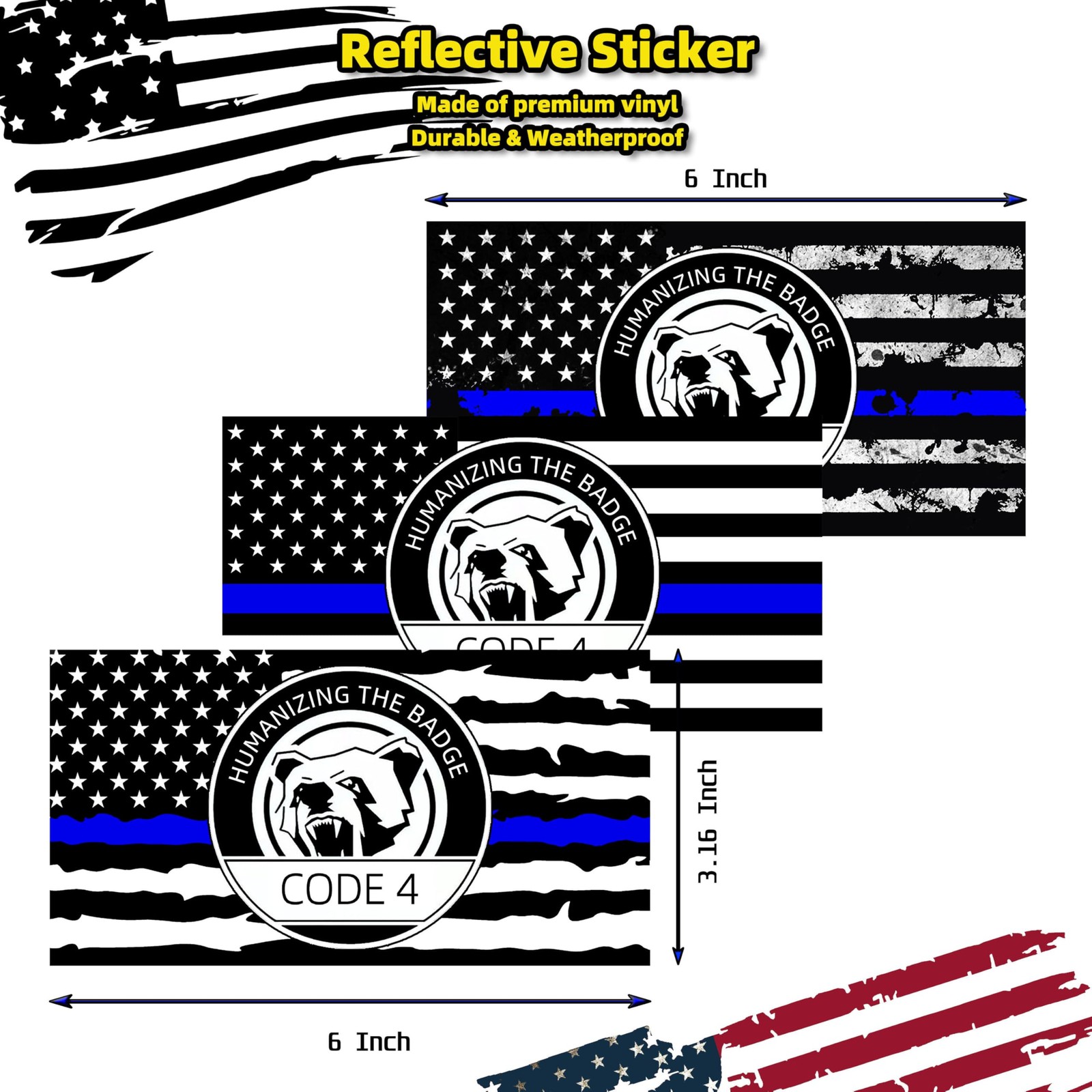 Thin Blue Line Sticker Code 4, Reflective American Flag Police Support Decal,…