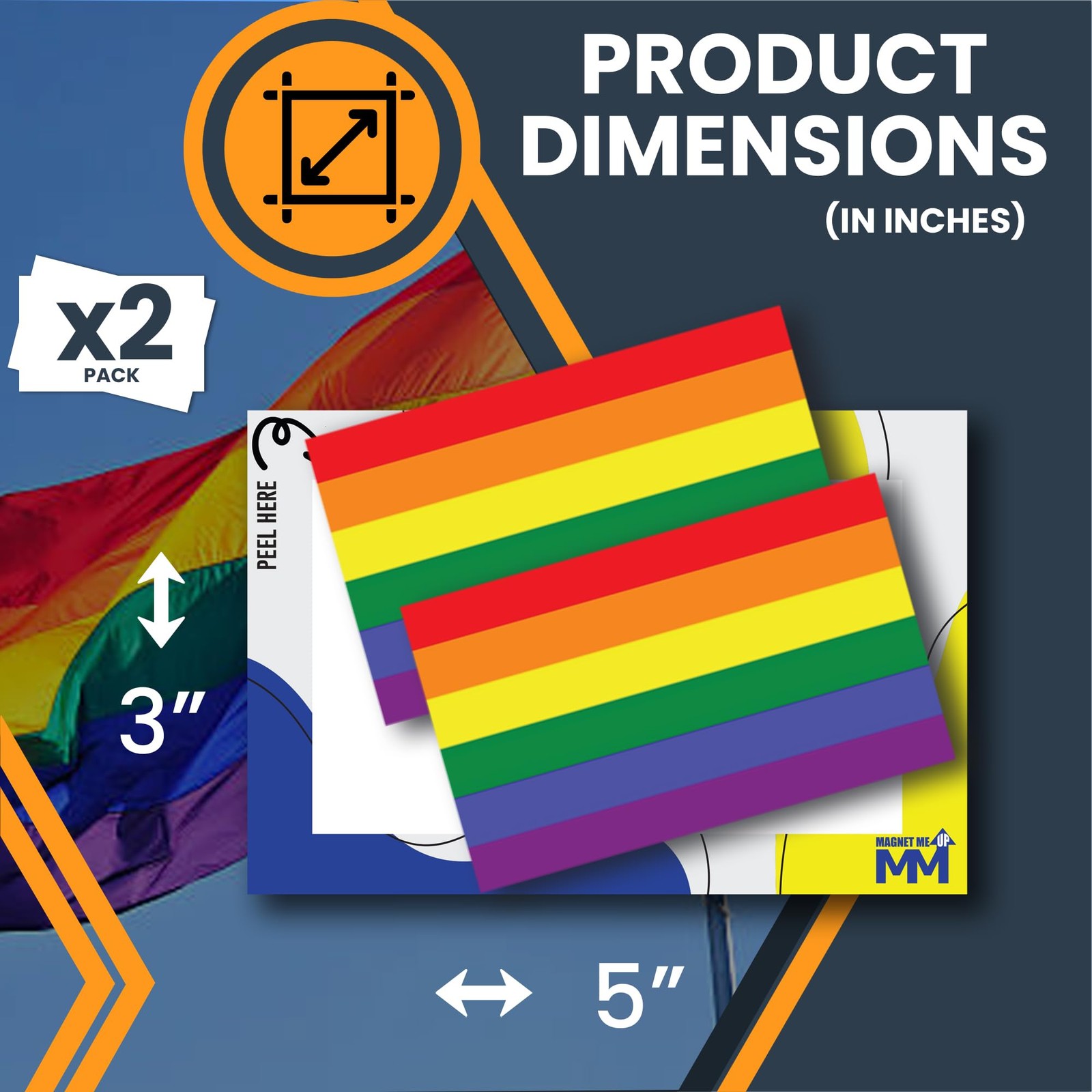Magnet Me Up LGBTQ Rainbow Flag Adhesive Decal Sticker, 3×5", 2 Packs, USA Made