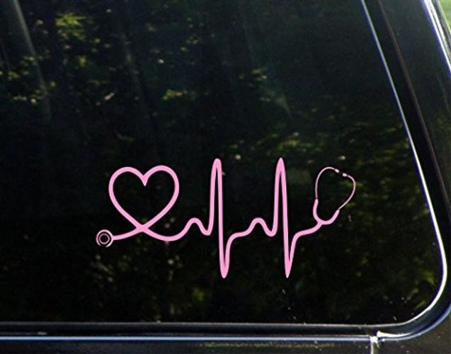 Stethoscope Heart (Pink) – 8" x 3 3/4" – Vinyl Die Cut Decal/Bumper Sticker