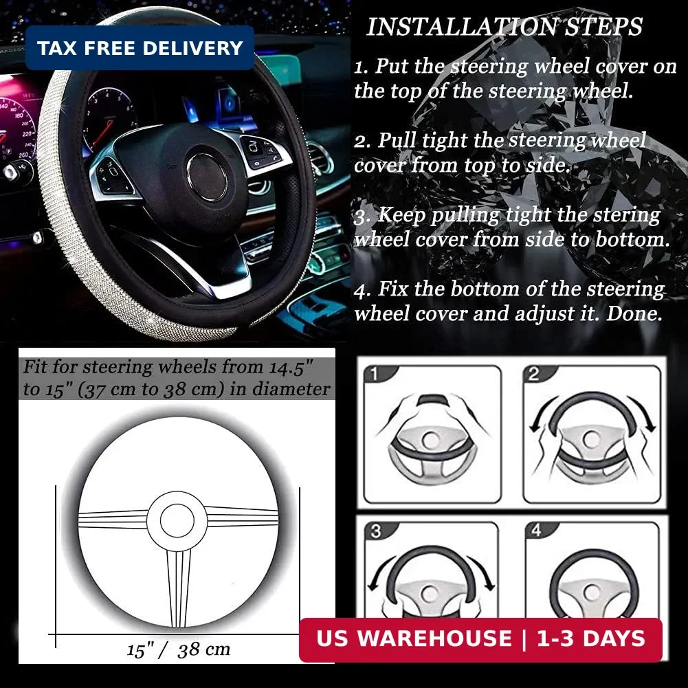 New Diamond Leather Steering Wheel Cover with Bling Bling Crystal Rhinestones, U