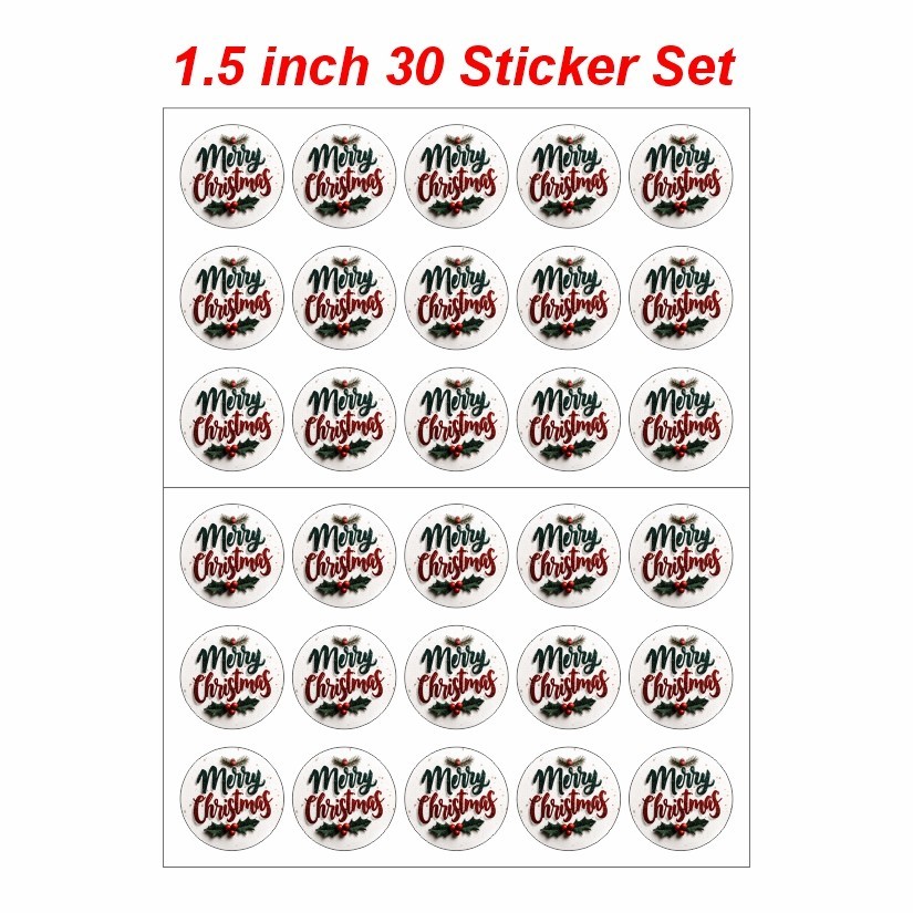 Merry Christmas Round Dot Stickers Set, 1.2" & 1.5"