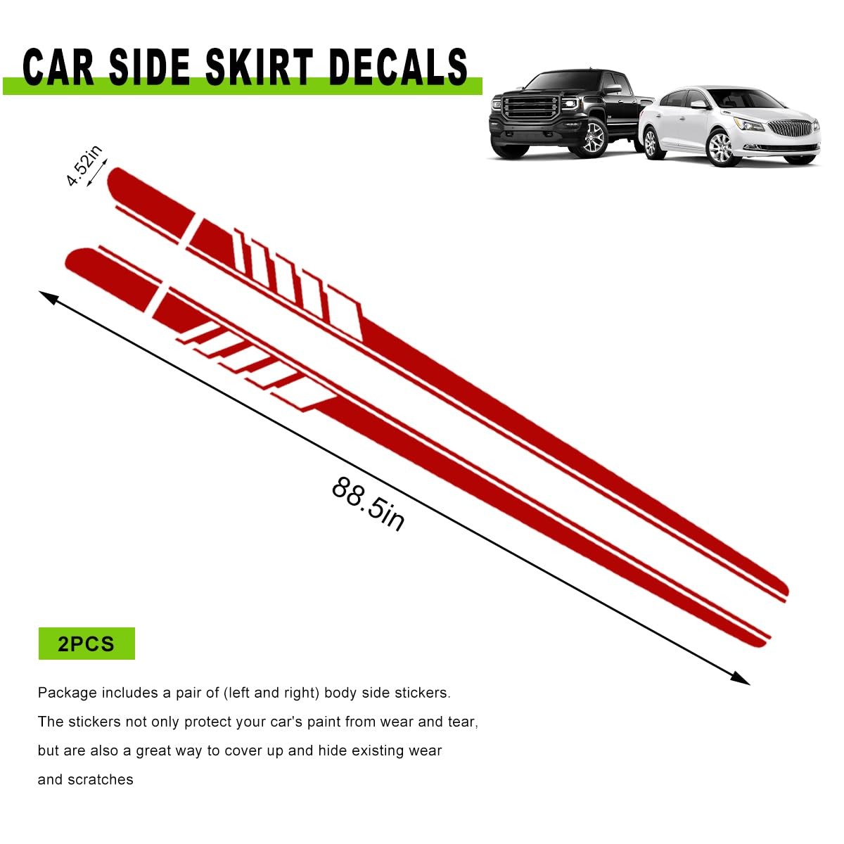2 PCS Car Side Skirt Decals, 88.58"×4.52" PVC Racing Sports Stickers Waterpro…