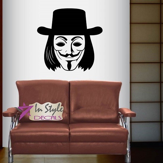Vinyl Decal Guy Fawkes Mask with Hat Anonymous Any Room Wall Sticker 500