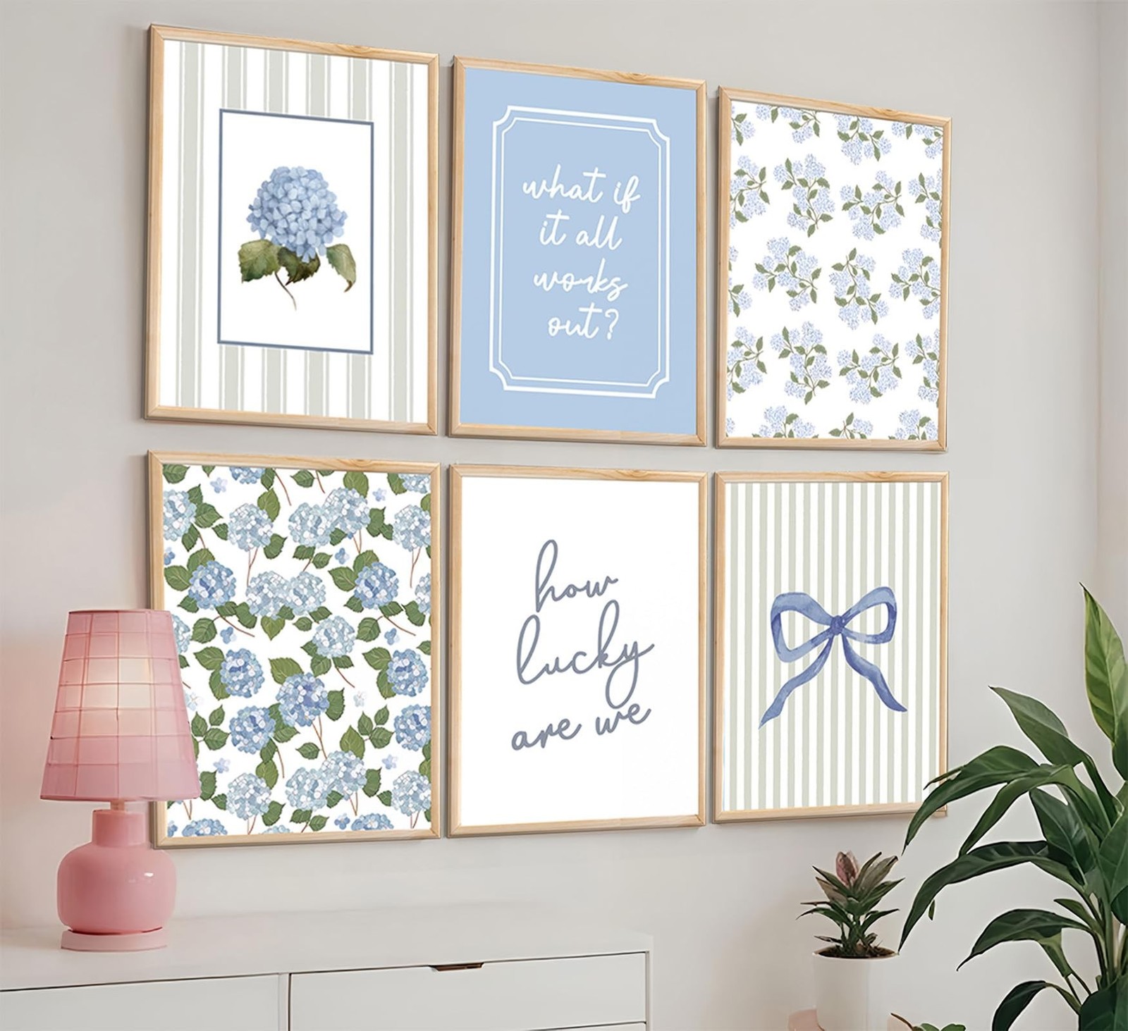 6 Pcs Blue Hydrangea Bow Canvas Wall Art How Lucky Are We Poster Prints Trend…