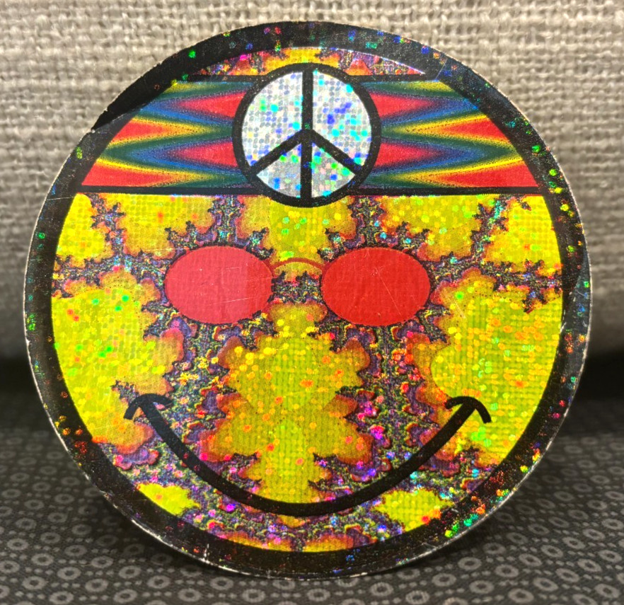 VTG! Smiley Face Hippie W/ Peace Sign Headband Sticker ~Yellow Prism Glitter 3"