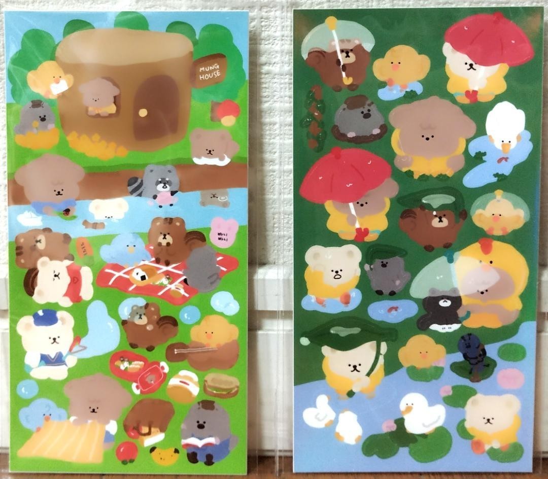 Animal Bear Friends PVC Sticker 4 sht. SET Duck Chick Squirrel Forest Kids JAPAN