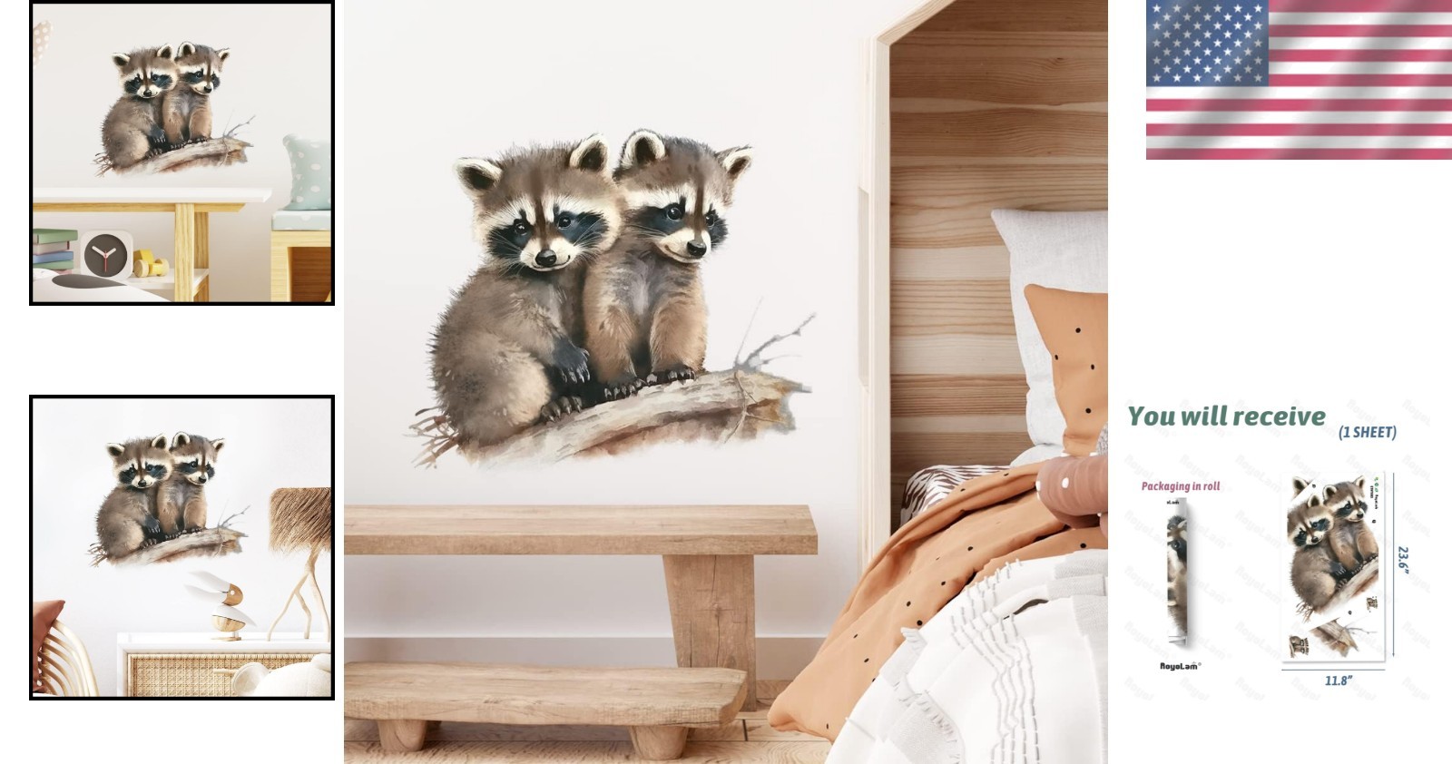 Animal Wall Decal Raccoon Removable Waterproof Nursery Wall Sticker Kids Room