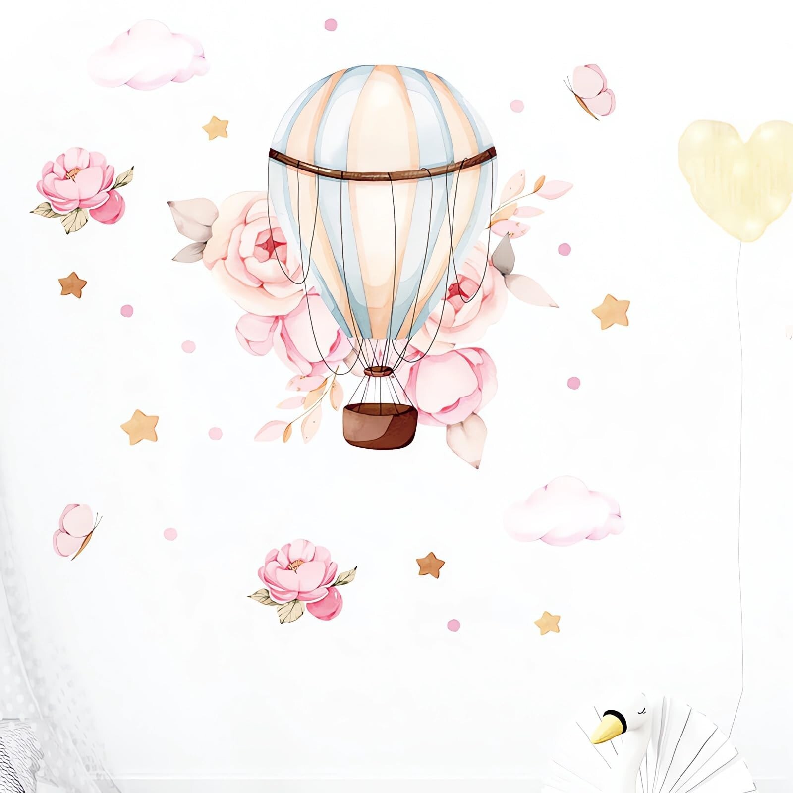 Pink Peony Rose Hot Air Balloon Star Flower Wall Stickers, sacinora Cartoon D…