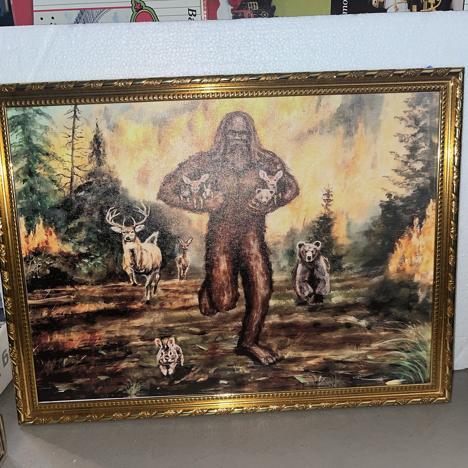 Sasquatch Rescues Animals from Forest Fire – Frameless Canvas Wall 12”x16” Cute