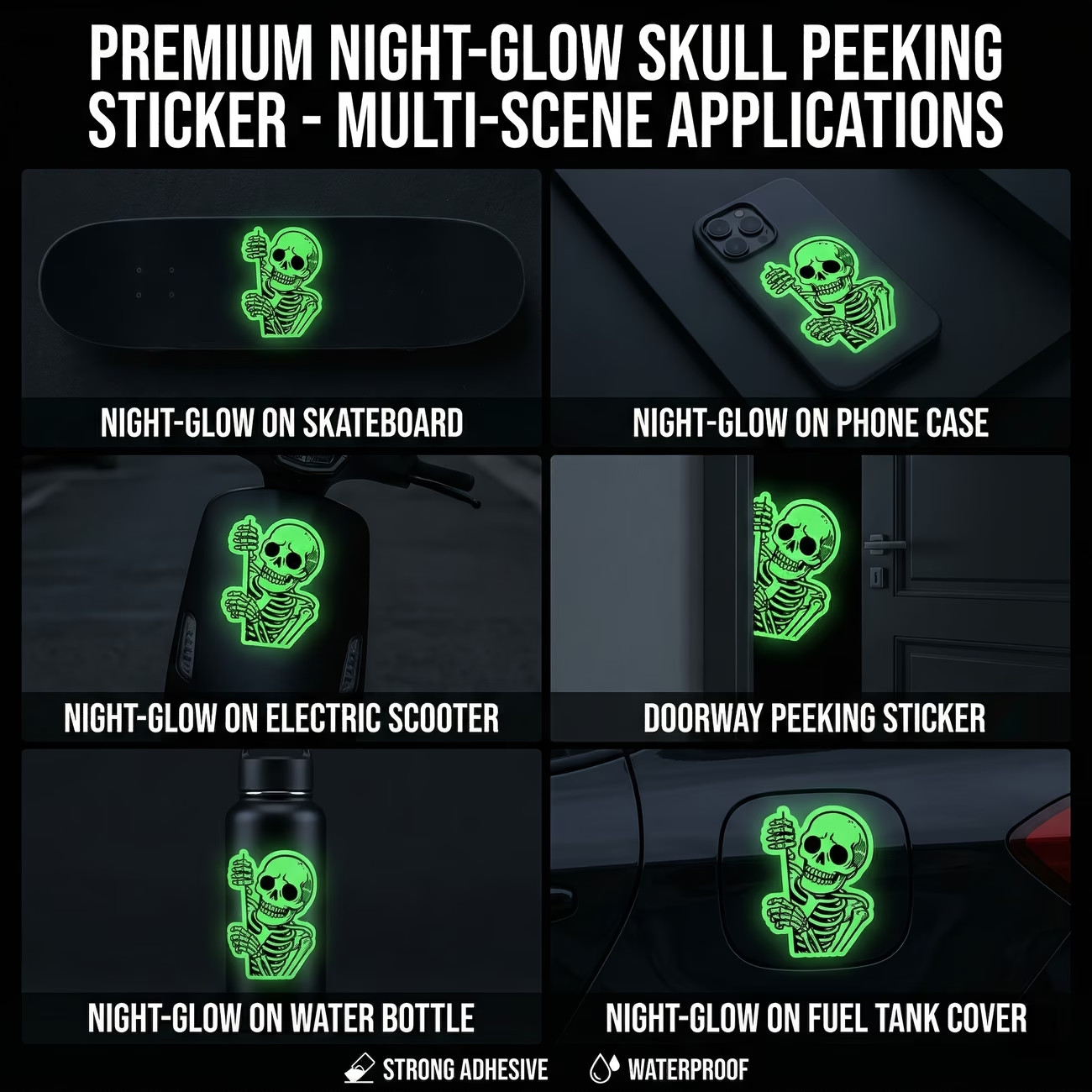 3" Funny Peeking Skull Glow in the Dark Sticker, Premium High Quality PVC Vinyl