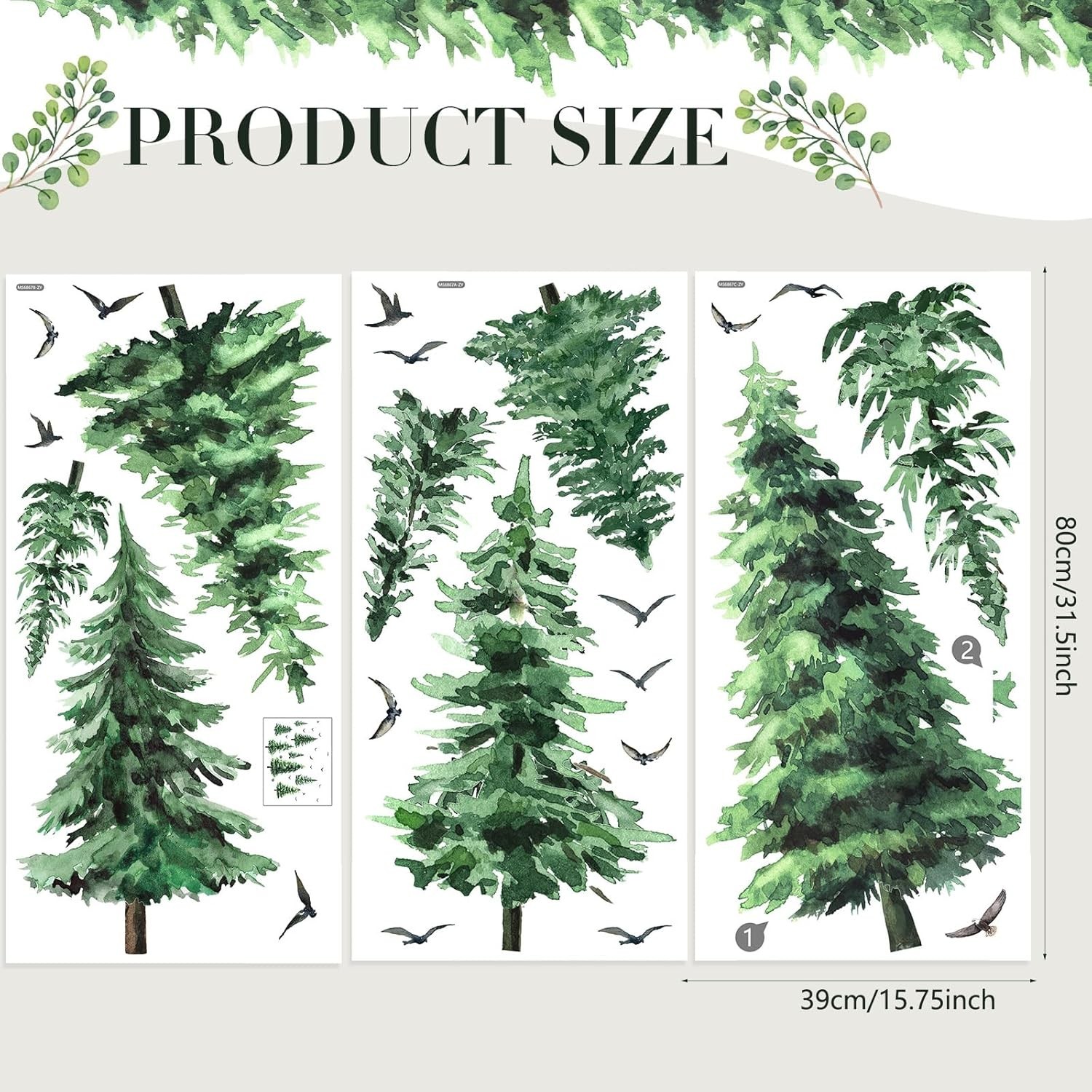 Watercolor Pine Tree Wall Decals Large Peel and Stick Forest Wall Deca…