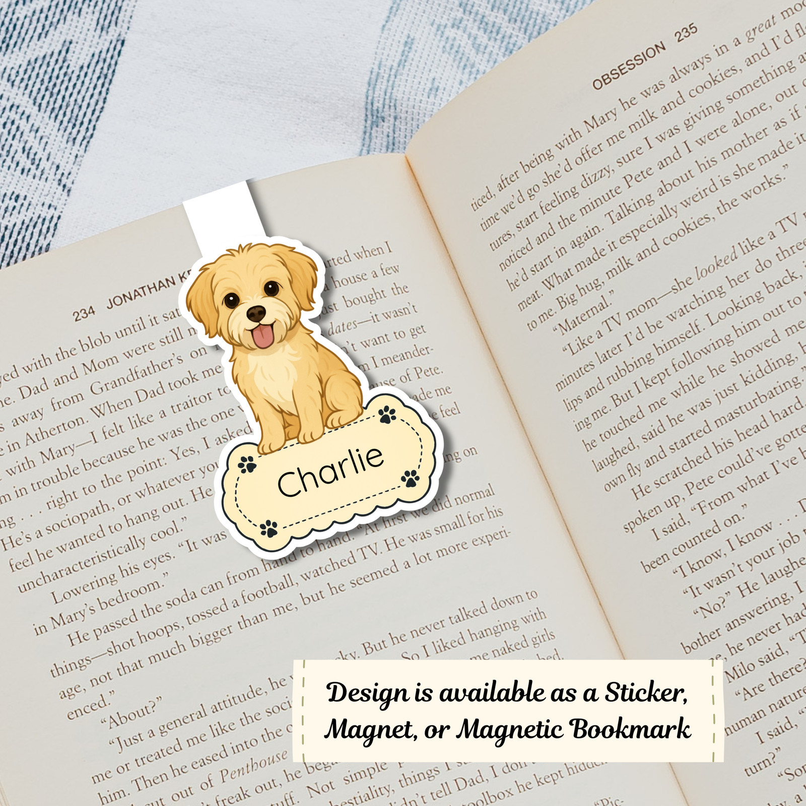 Personalized Morkie Dog Sticker Magnet Bookmark – Gold and White