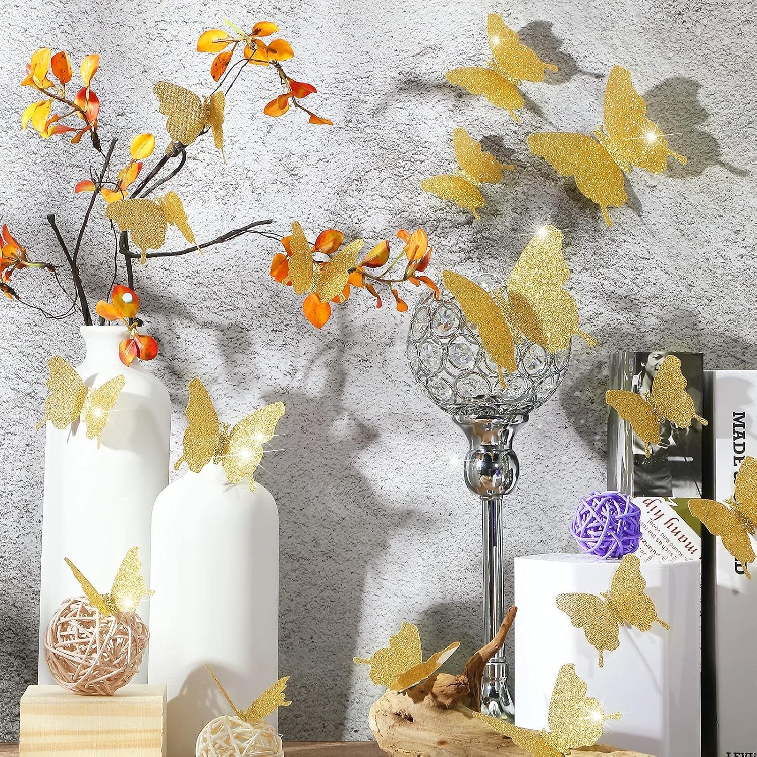 Elegant 48-Piece DIY Glitter Gold Mirror Butterfly Decals – Perfect for Any Room