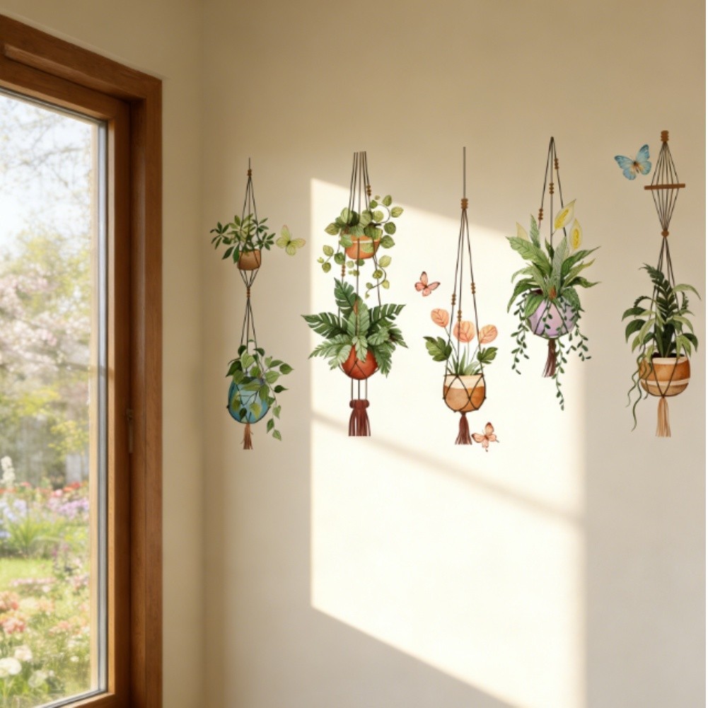Window Stickers with Spring Potted Plant Design for Home Wall Decoration Green