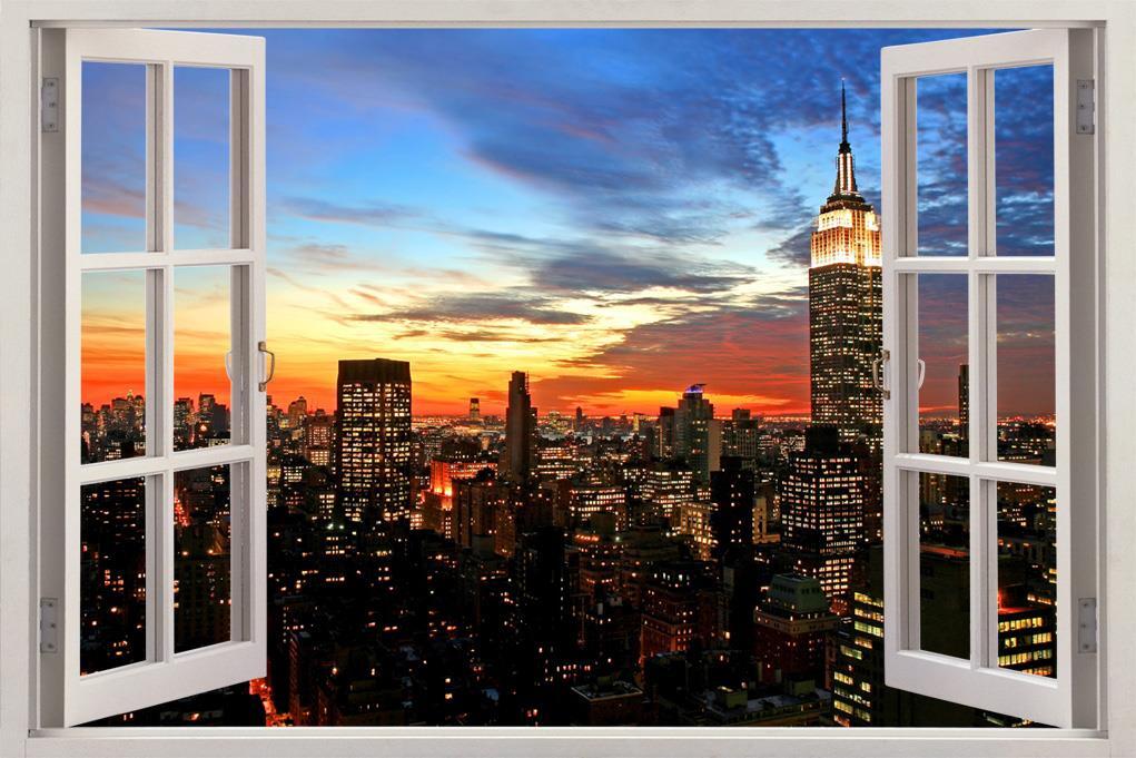 New York City Skyline Sunset 3D Window View Decal WALL STICKER Decor Art FS