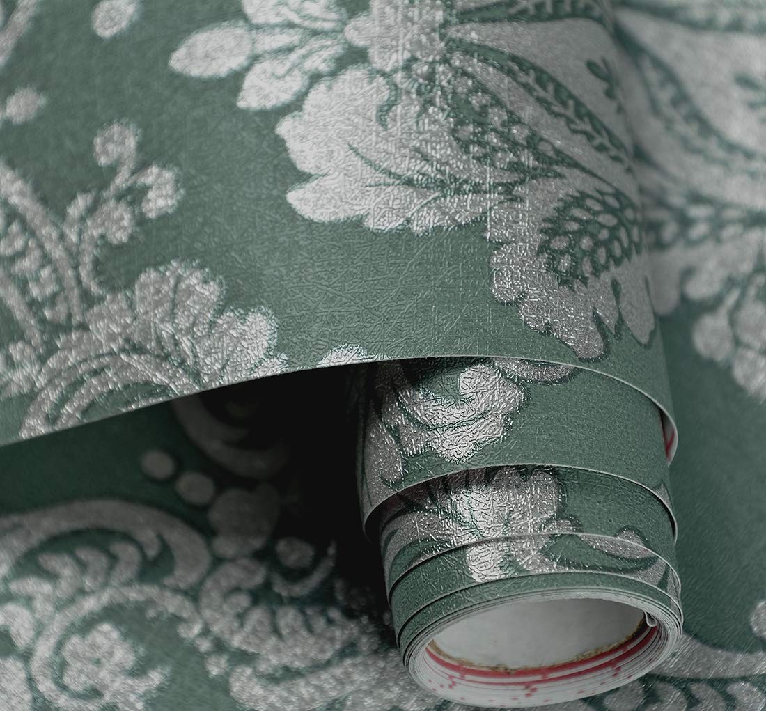 J1280-10M Damask Peel and Stick Wallpaper 17.7inx 32.8ft Lake Green/Silver Re…