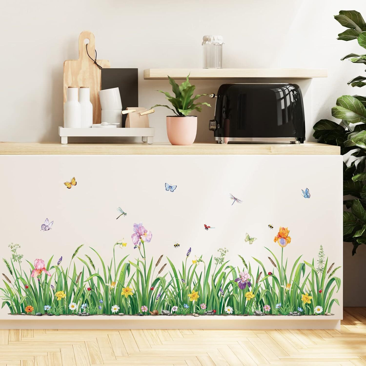decalmile Green Grass Flower Wall Corner Decals Floral Butterfly Multi Color