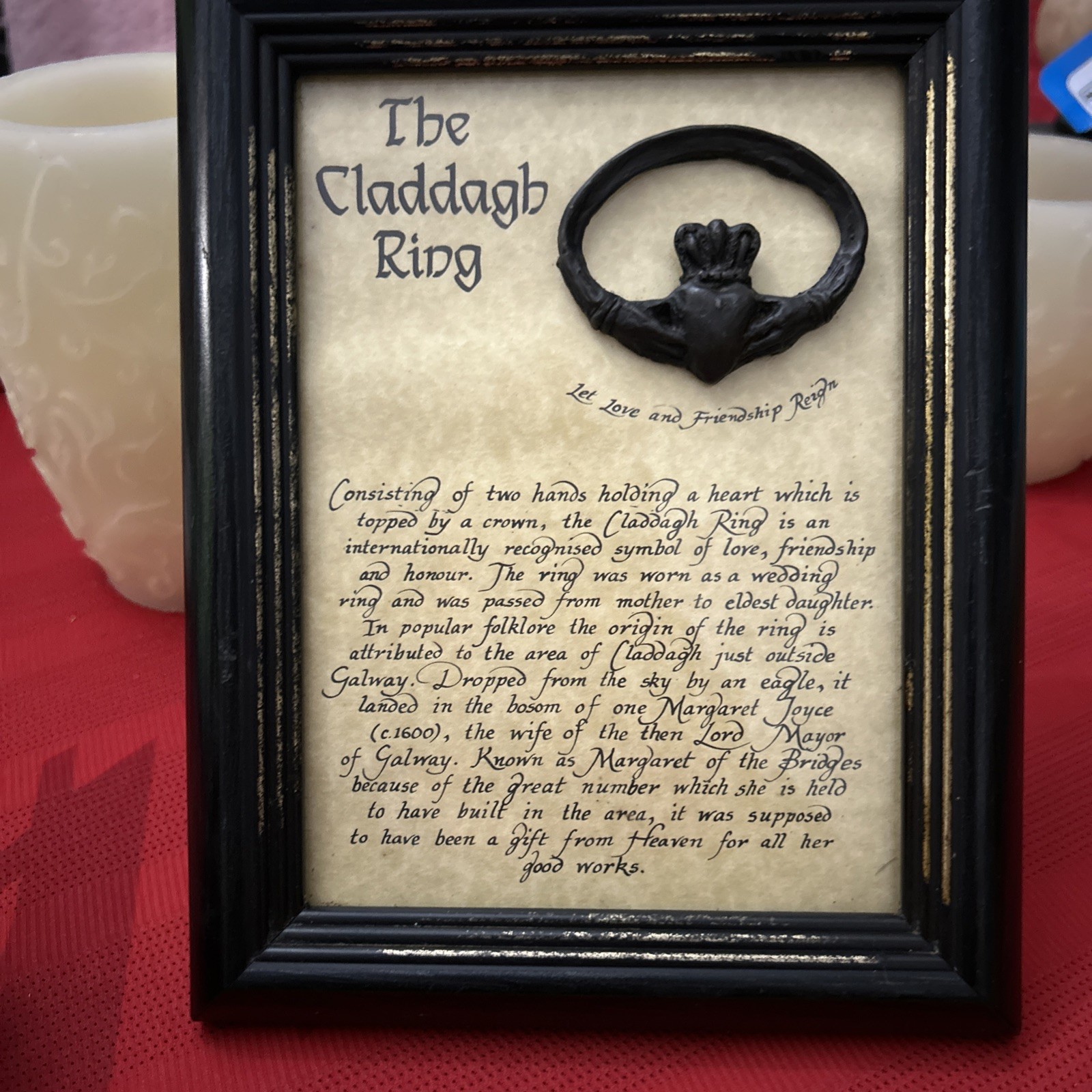 Irish Claddagh Ring Wall Hanging or standing Framed, History of Ring