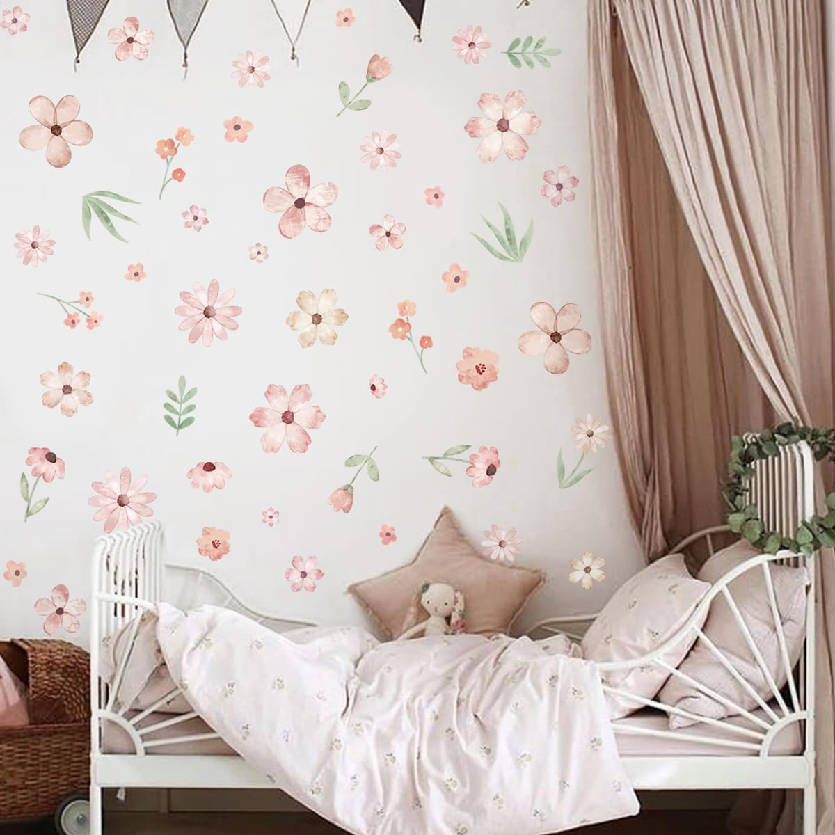 Boho Flower Wall Decals，Pink Watercolor Flower Art，Wildflower Wall Decals，Girls