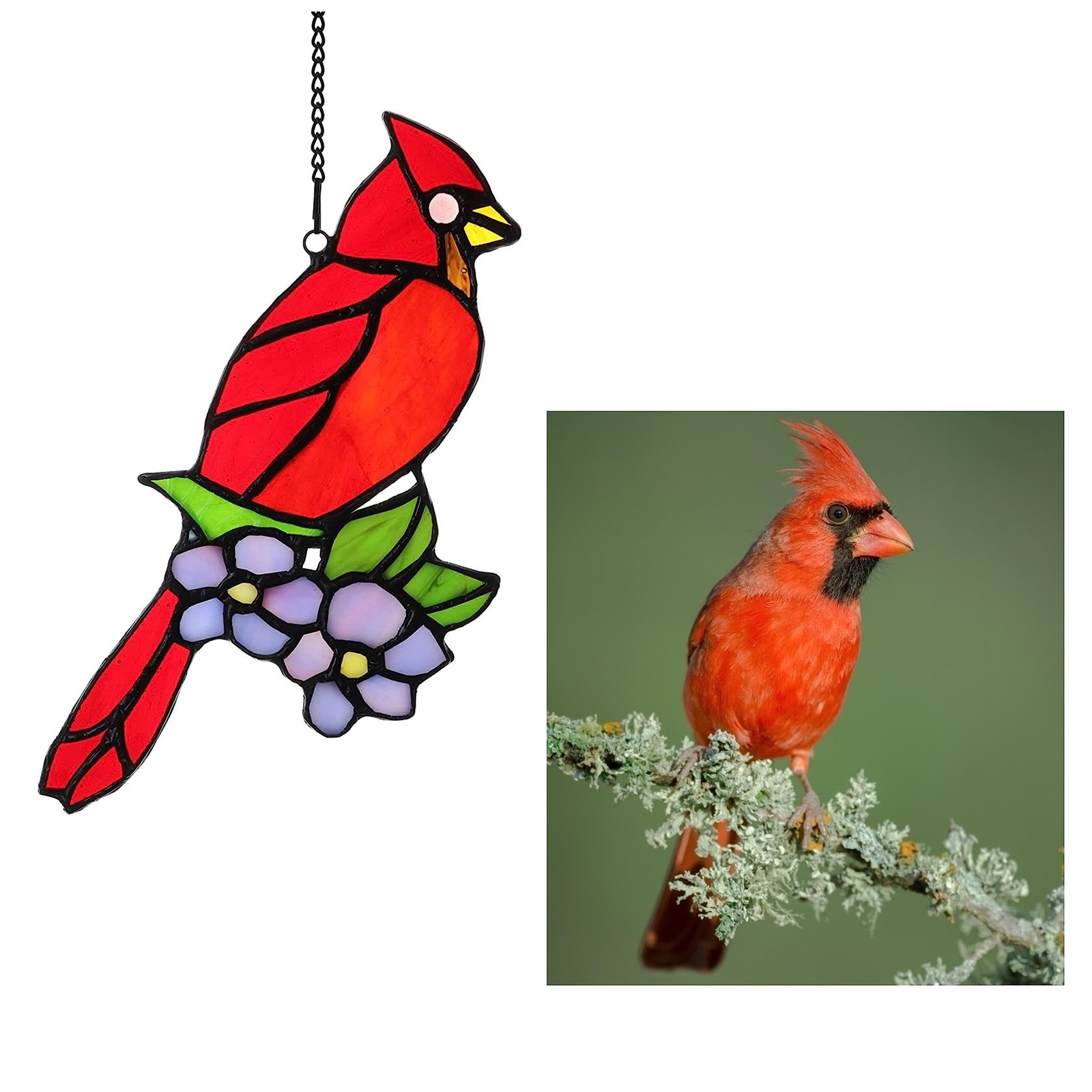 Cardinal Bird and Dogwood Stained Glass Window Panels Hangings Handcrafted Su…