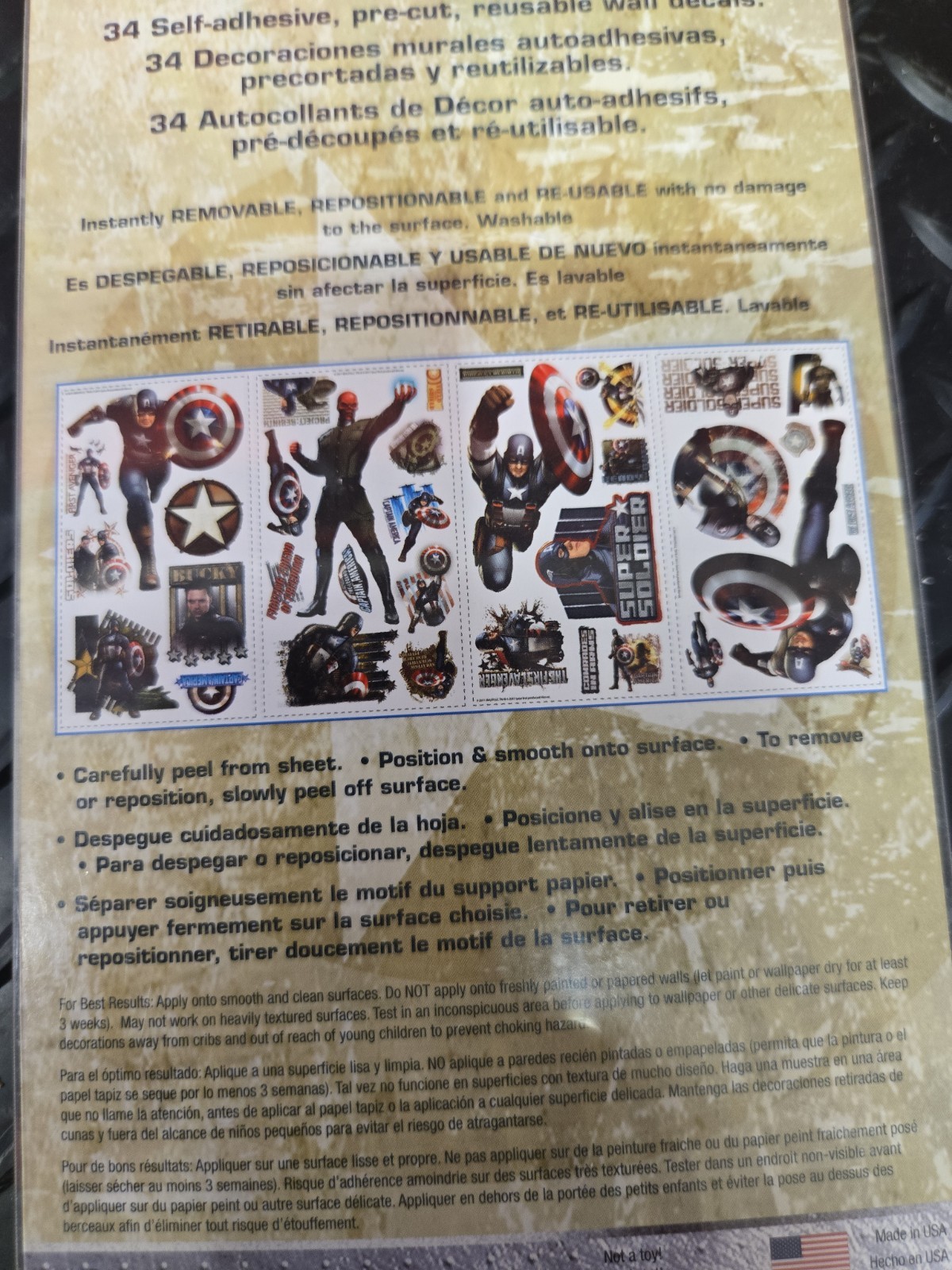 Marvel Studios CAPTAIN AMERICA Peel & Stick 34 Wall Decals Precut Reusable #1152