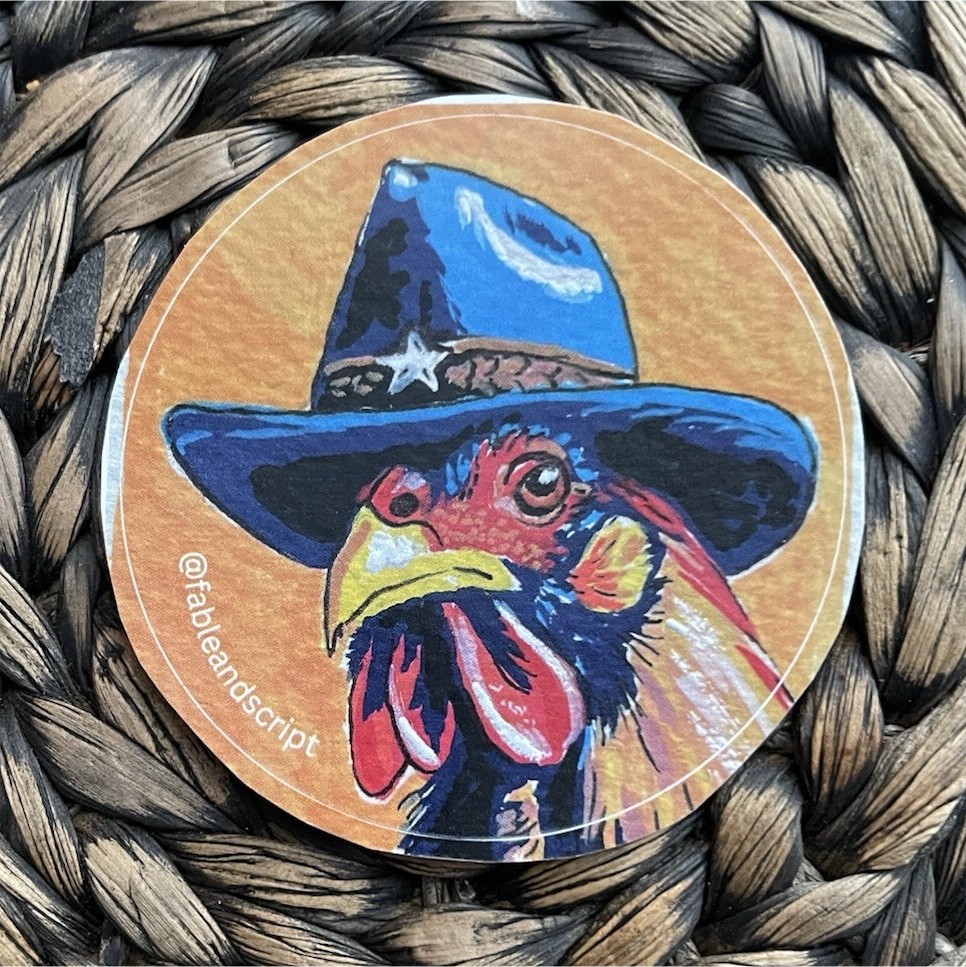 2”x2” Round Sticker Cowboy Hat Chicken Rooster Animal Art by Hogan Burleigh