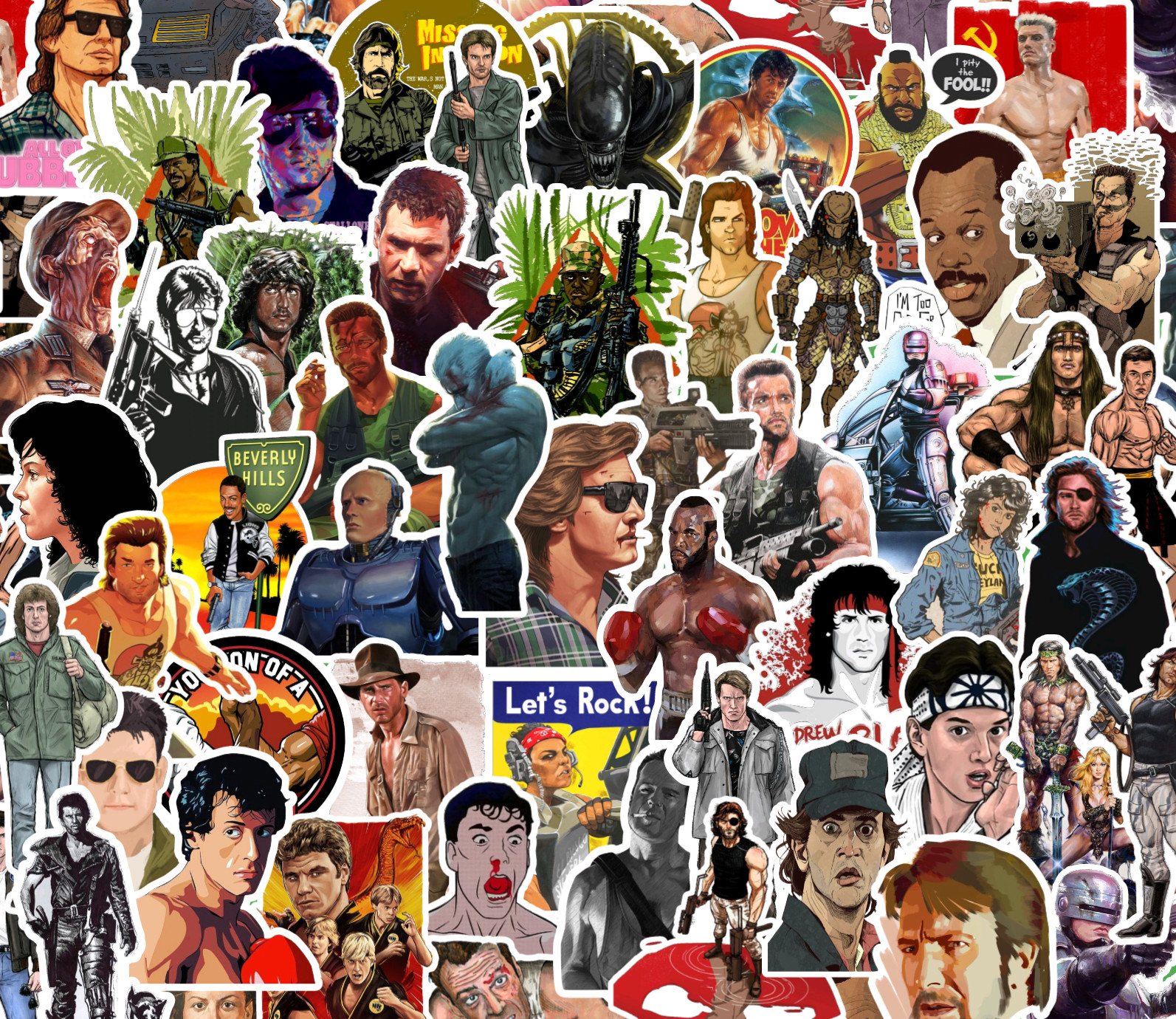 25/50 80's Action Movie Sticker Pack-Waterproof Vinyl-Terminator Predator Rambo