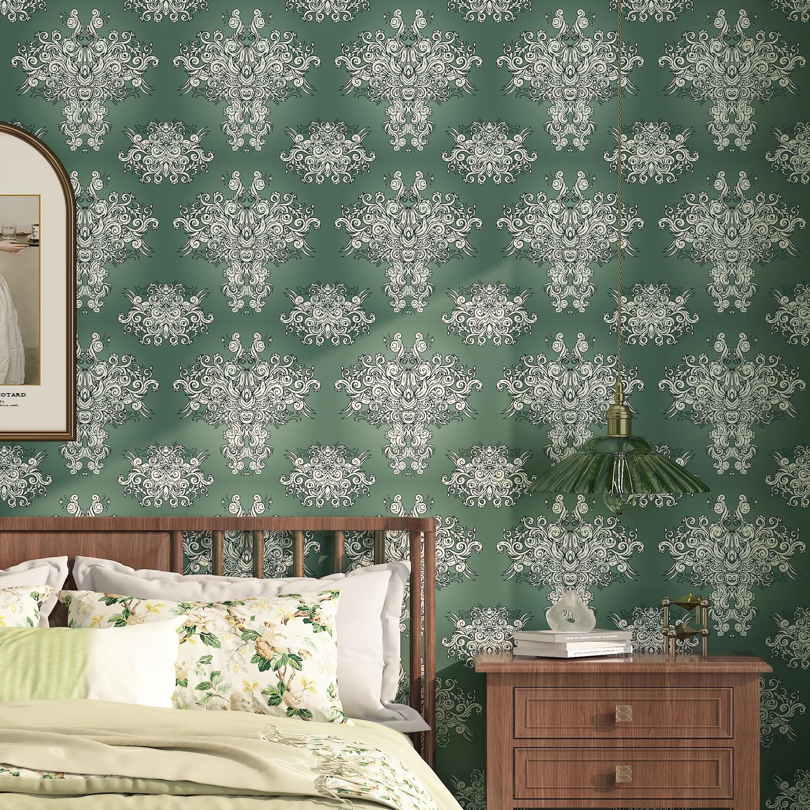 FunStick Damask Wallpaper Peel and Stick Vintage Green Victorian Wallpaper Re…