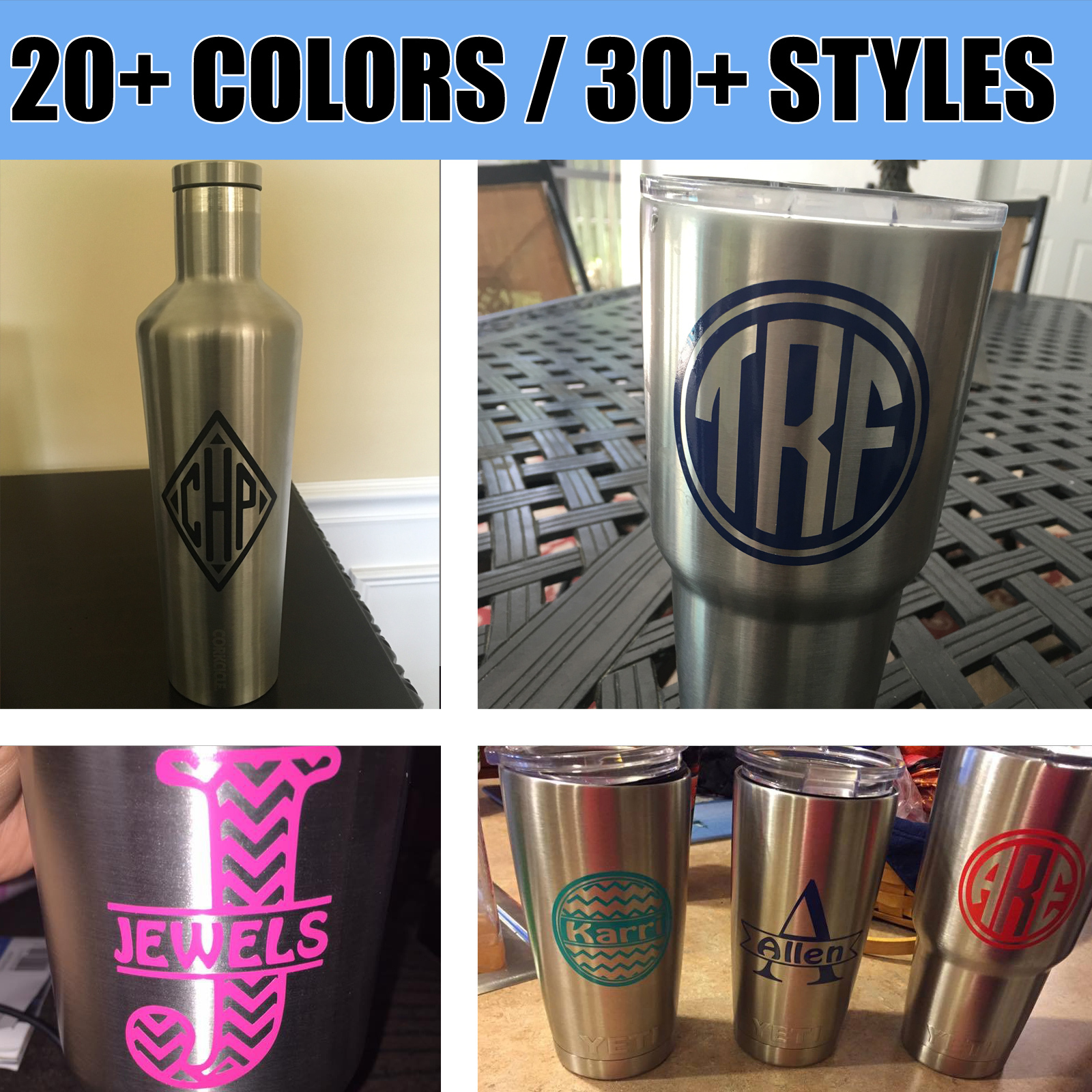 3 inch Vine Circle Chevron Monogram Name Decal Sticker Tumbler Cooler Car Phone