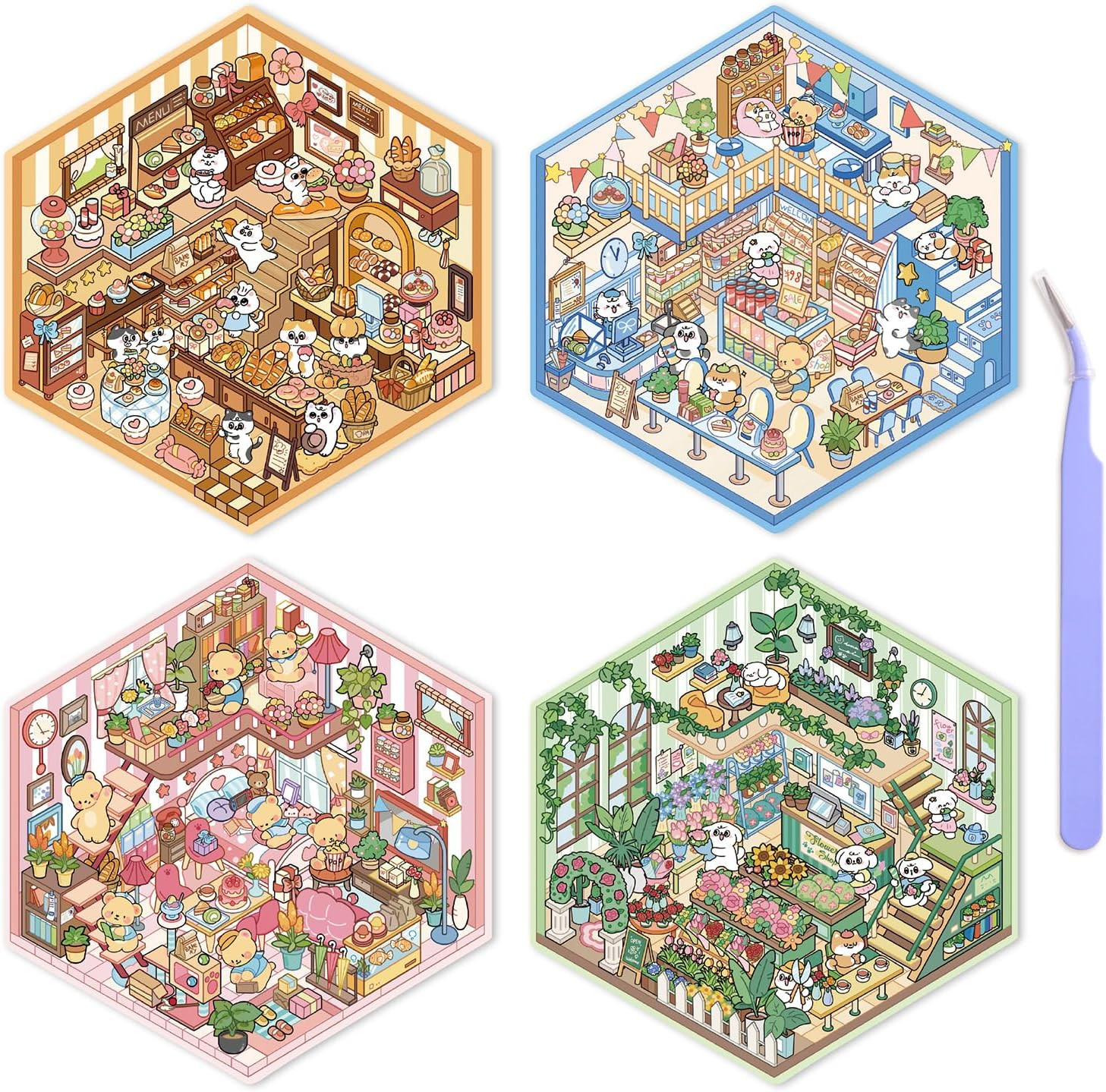 DIY 3D House Scene Stickers – 4 Sets, Warm Home, Supermarket, Bakery, Flower Sho