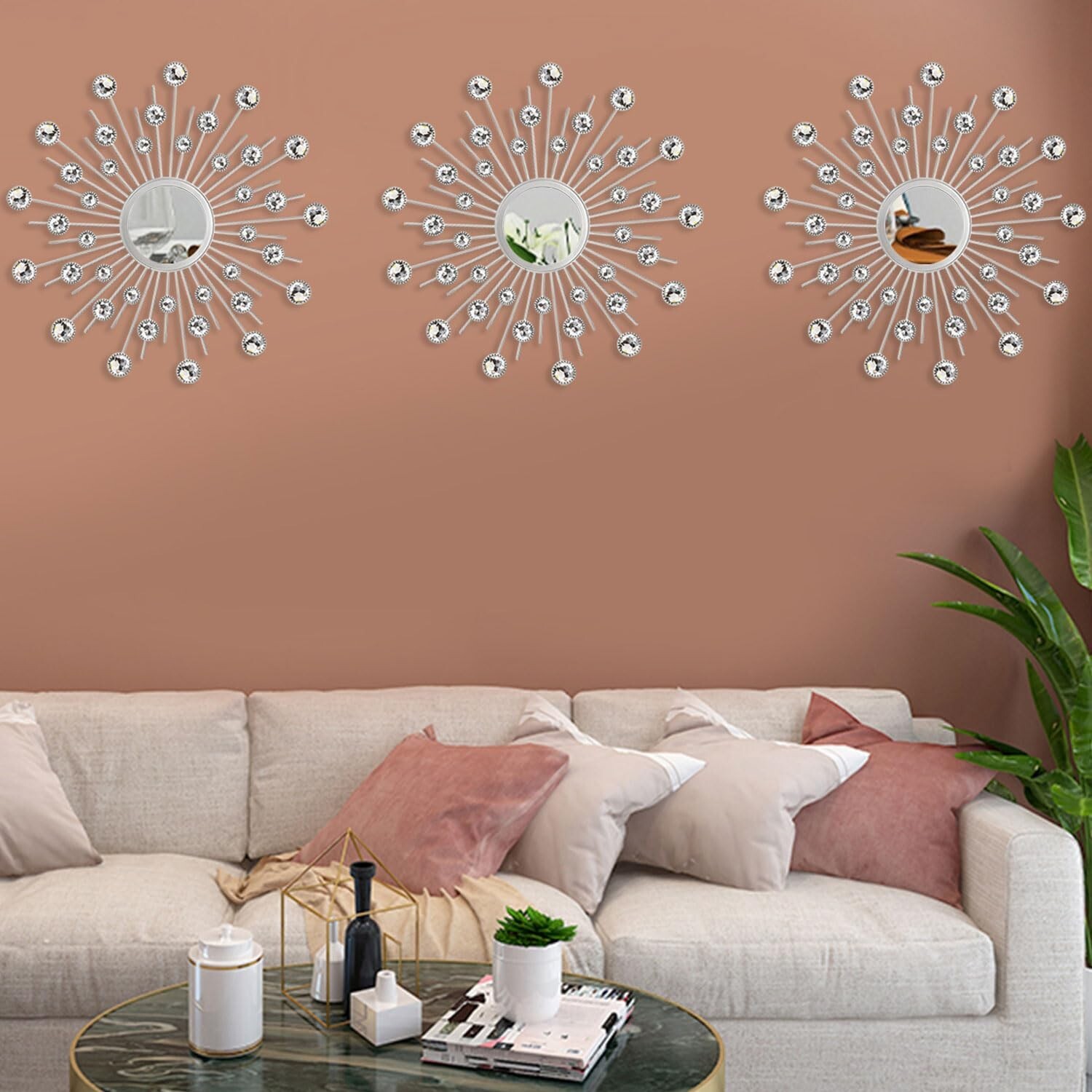 Uaussi 3 Pack Crystal Sunburst Wall Mirror Décor Rhinestone Mirrors Decorat
