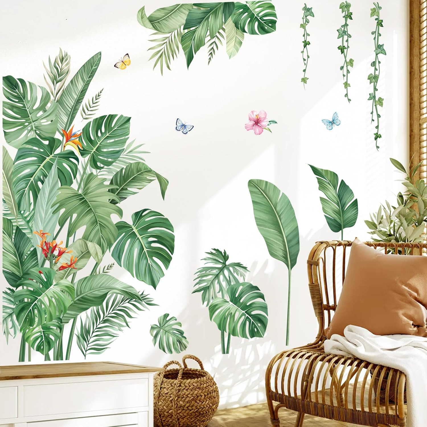 Large Green Leaves Wall Decals Tropical Palm Leaf Plant Wall Stickers for Living