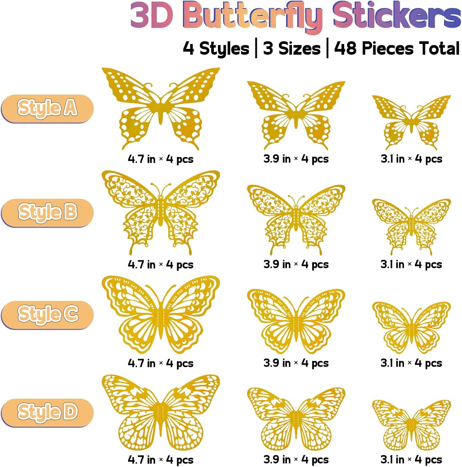 Butterfly Wall Decor, 48pcs 3D Butterfly Stickers in 3 Sizes & 4 Styles for Ball