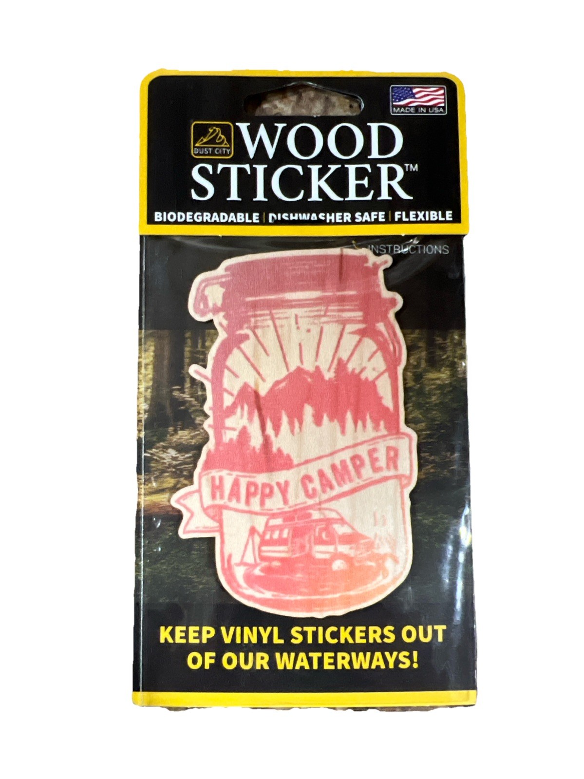 Happy Camper Mason Jar WOOD Sticker Dishwasher SAFE Biodegradable Dust City NEW