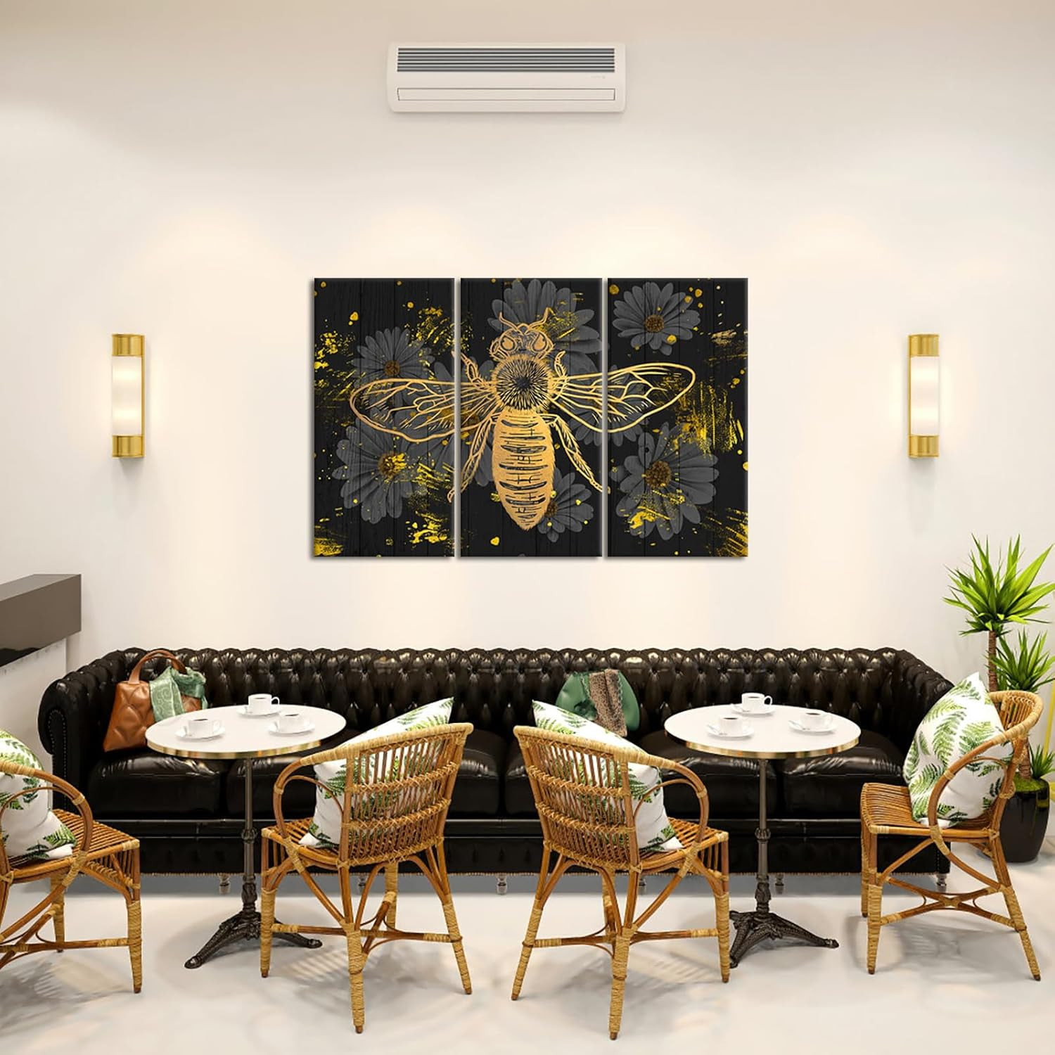 Bee Canvas Wall Decor Bumblebee Honey Daisy Flower Painting Picture Black and Go