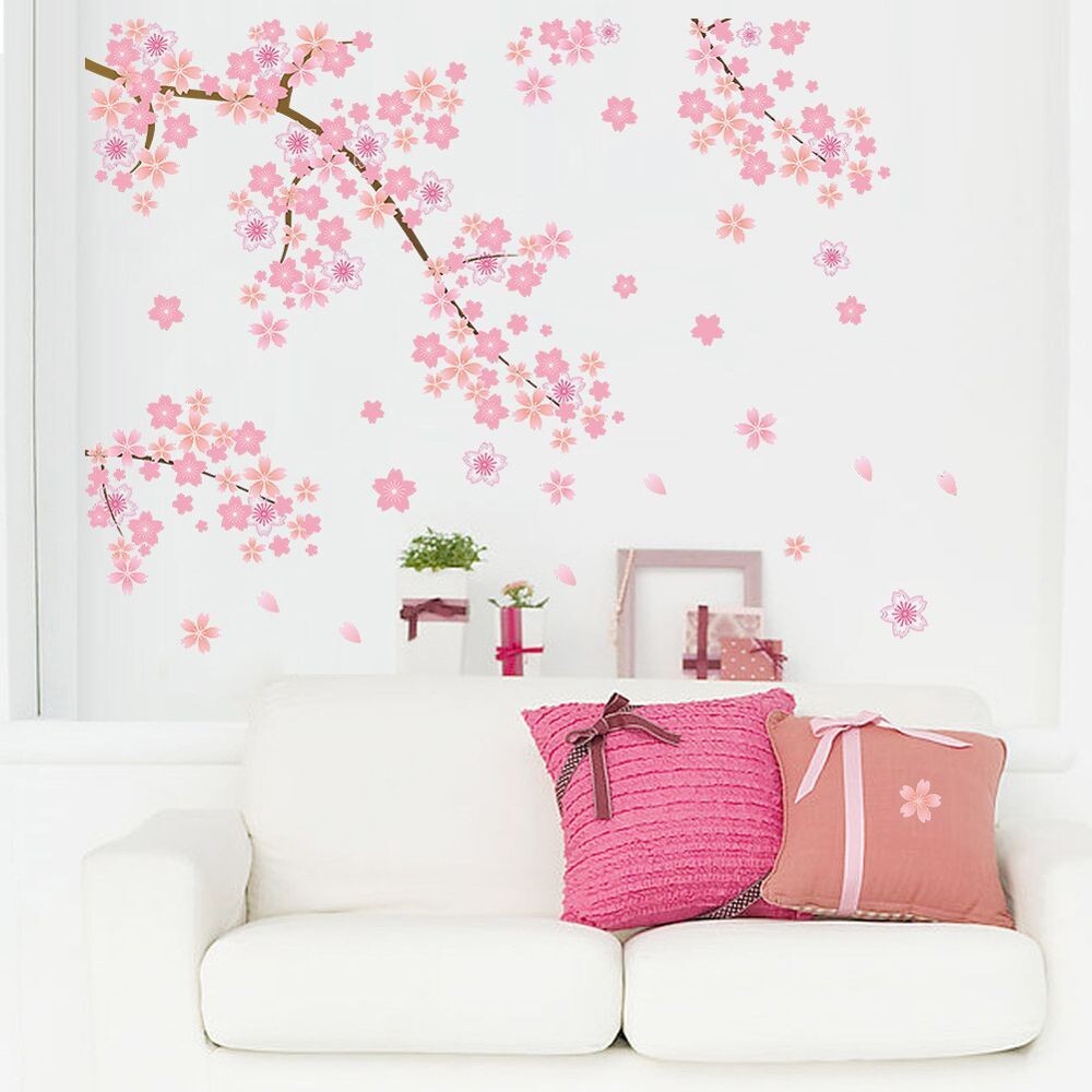Pink Cherry Blossom Wall Stickers Beautiful Flower Tree Branch Sofa Background