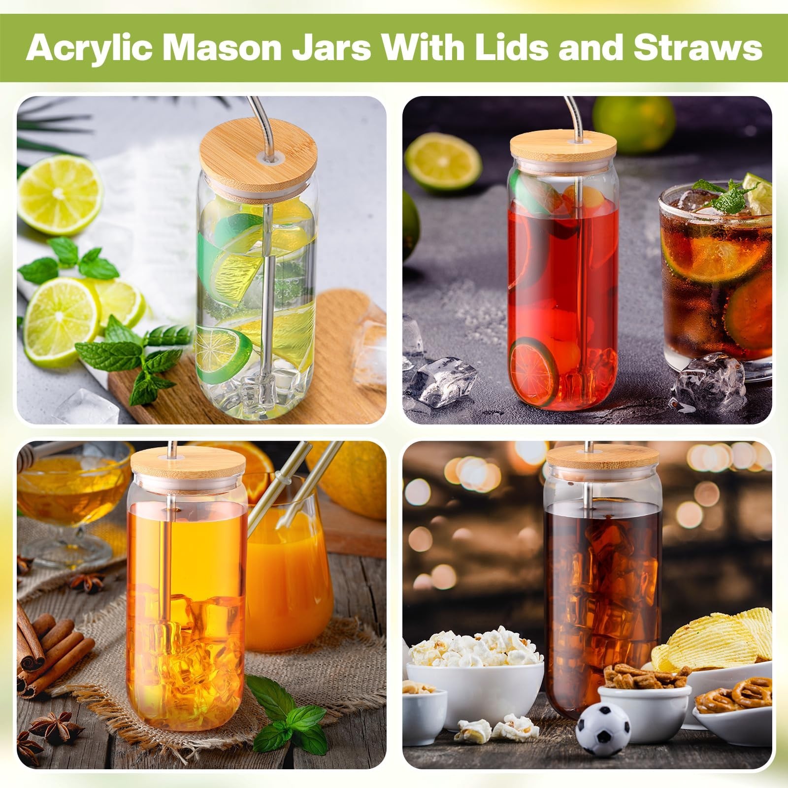 8 Pcs 20 oz Plastic Cups with Lids and Straws Acrylic Mason Jars with Bamboo …