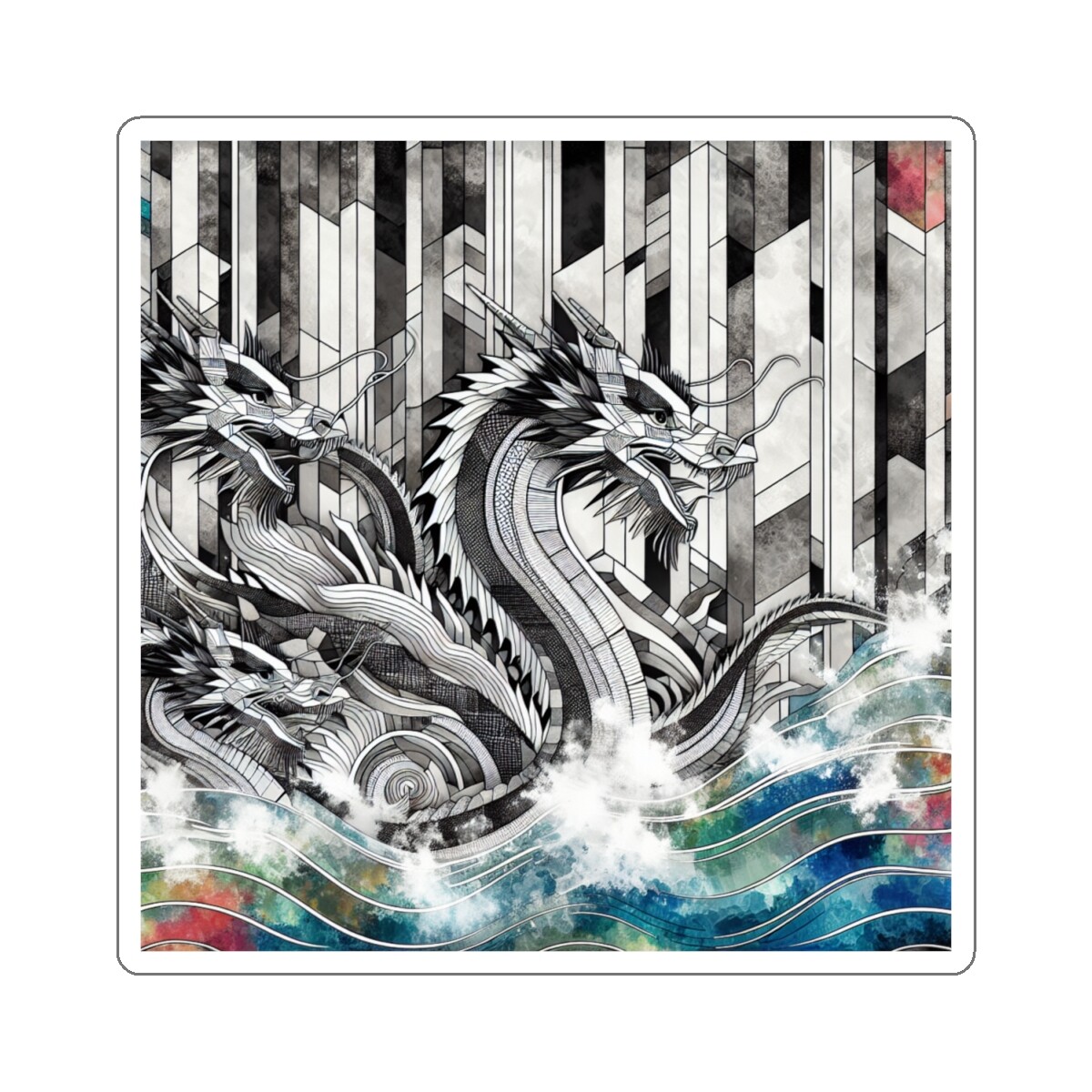 Sticker Art Deco Dragons in Monochrome Ocean Waves 2×2" 3×3" 4×4" 6×6" Asian