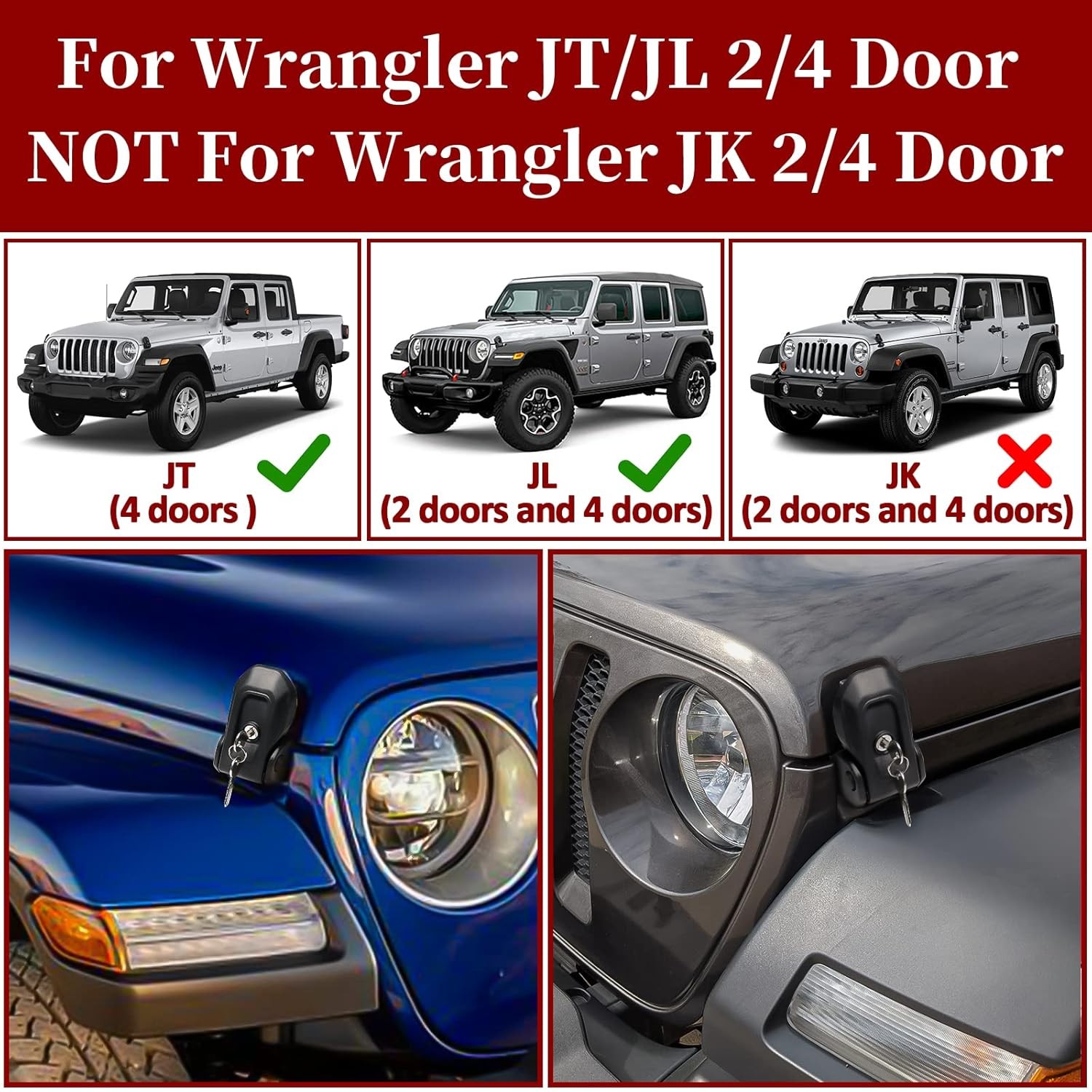 Wrangler Factory Locking Hood Latches with Keys Compatible with Jeep Wrangler JL