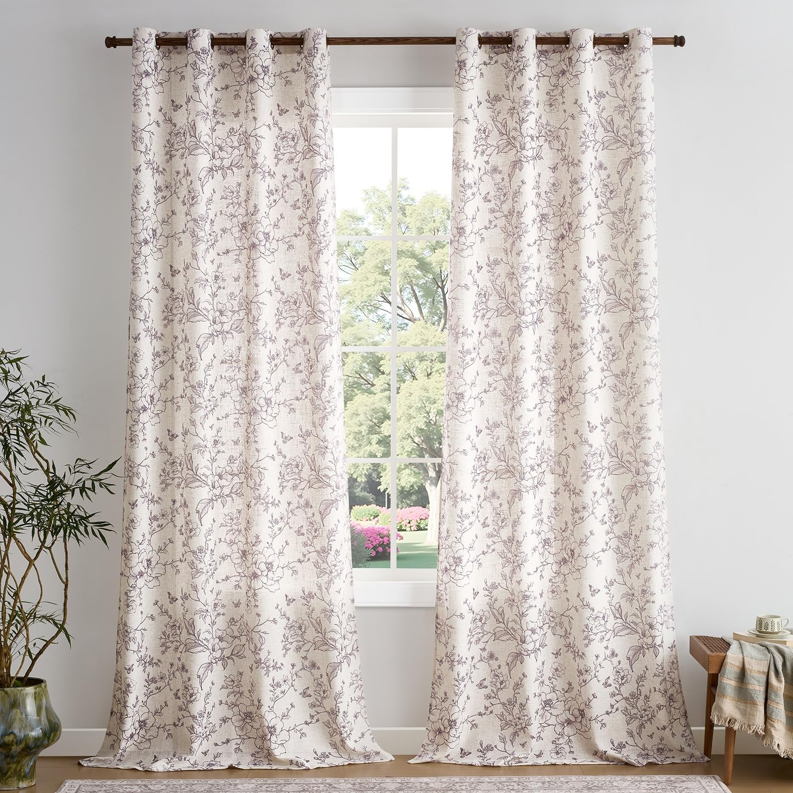 GIGIZAZA Purple Floral Curtains 108 Inch 2 Panels, Linen Blend Living Room Se…